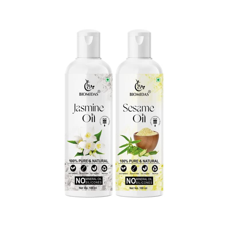Biomidas 100% Pure Jasmine Oil & Sesame Oil Combo (100ML Each) for Hair Growth, Anti-Hair Fall, Split Ends Treatment - Promotes Soft, Shiny Hair (Pack of 2) | Perfect for Daily Hair Care & Scalp Massage