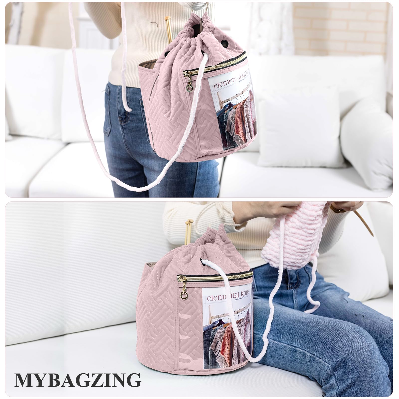 Crochet Yarn Bag Organizer with Pocket - Knitting Storage for Beginners - Perfect for Travel & Crafting