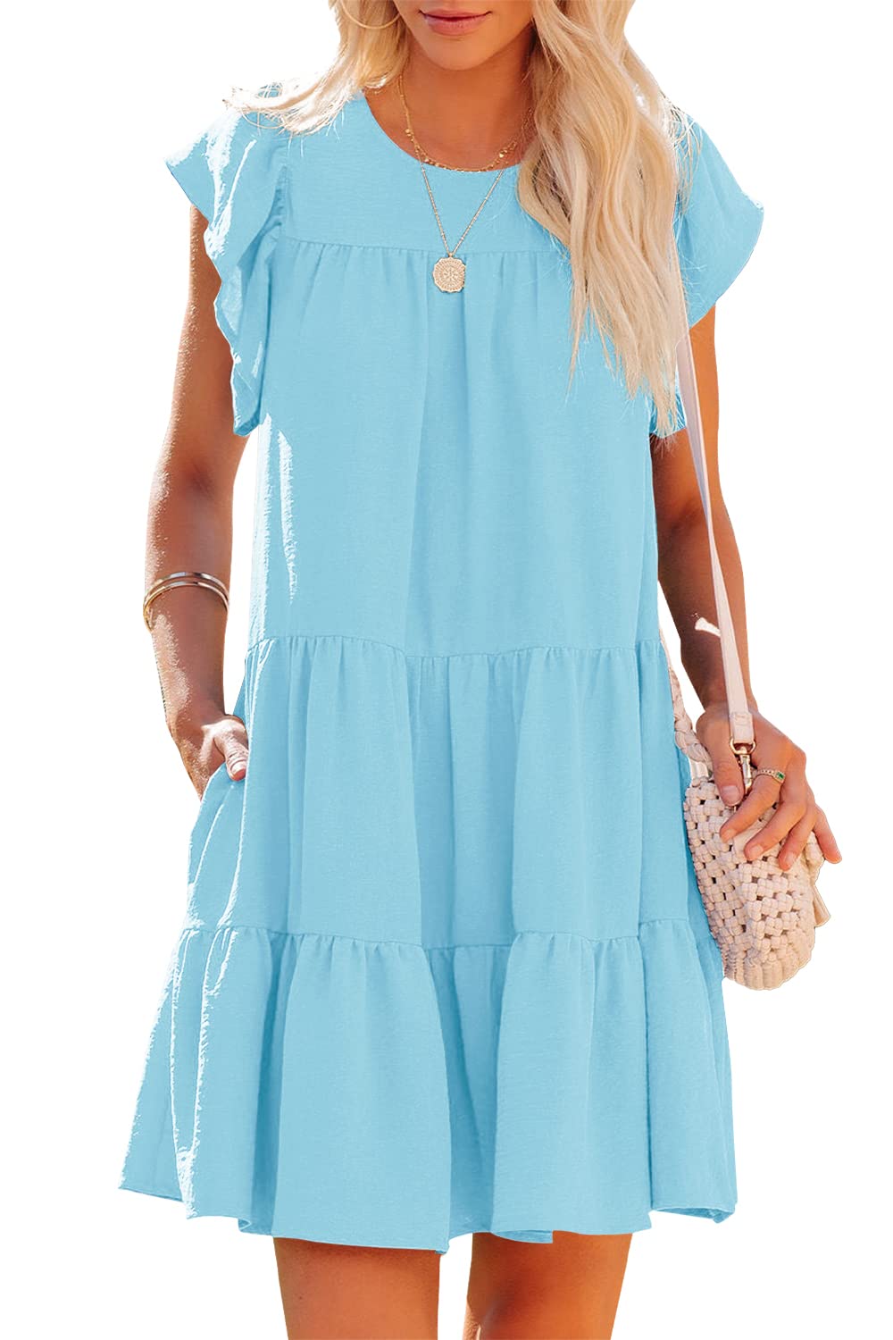 SENSERISE Women's Summer Halter Neck Sleeveless Tiered Babydoll Mini Dress - Pleated Flowy Sundress with Pockets | Beach Wear, Vacation Outfit, Casual Party Dress