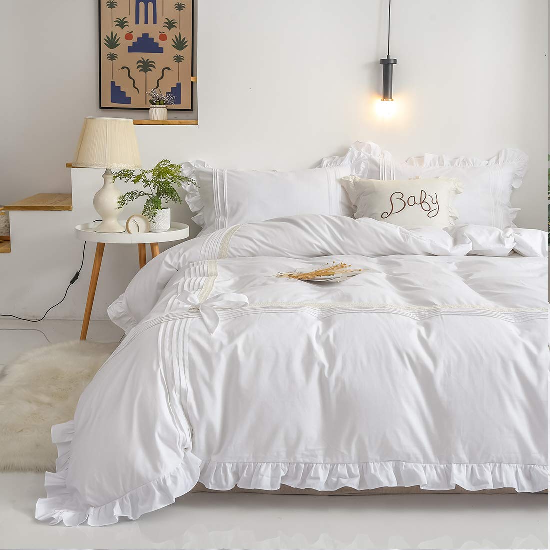 Premium 100% Cotton Farmhouse Bedding Set - Queen Size White Ruffled Duvet Cover with Pillow Shams (3-Piece, No Comforter Included) | Soft & Breathable Cotton Bed Sheets for Cozy Farmhouse Bedroom Decor | Perfect for Master Bedroom, Guest Room & Airbnb Stays