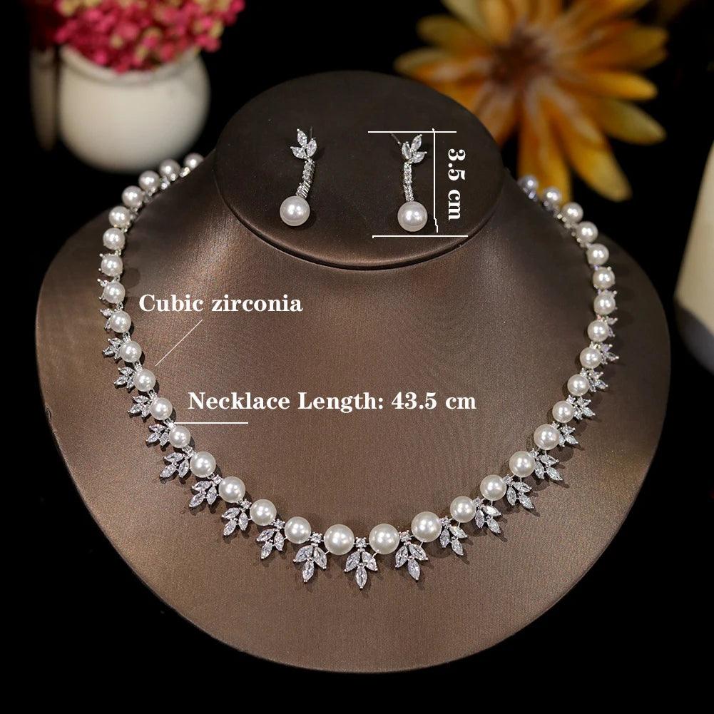Luxury Flower Pearl Necklace for Women - 2 Piece High-Quality Cubic Zirconia Jewelry Set, Elegant Wedding & Party Gift, Perfect for Bridal, Anniversary, and Formal Occasions