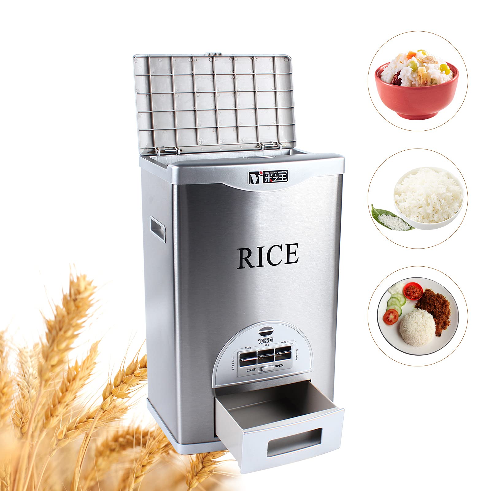 LOYALHEARTDY Automatic Rice Dispenser - 15kg/33lb Large Capacity Grain Storage Container with 100g/150g/250g Portion Control - Stainless Steel & ABS for Rice, Beans, Small Grains - Perfect for Kitchen, Pantry & Bulk Food Storage