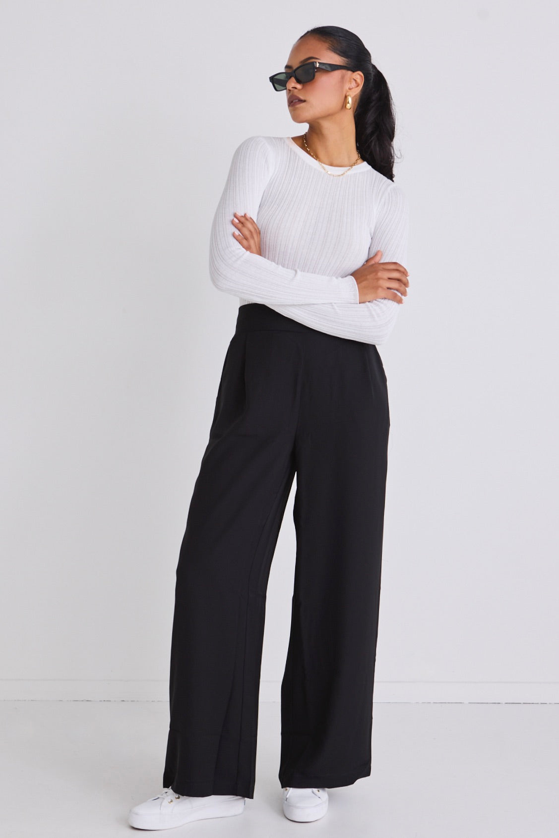 Eco-Friendly Black Stretch Wide Leg Pants - Recycled Fabric High Waist Trousers for Women | Perfect for Office, Casual Wear & Travel