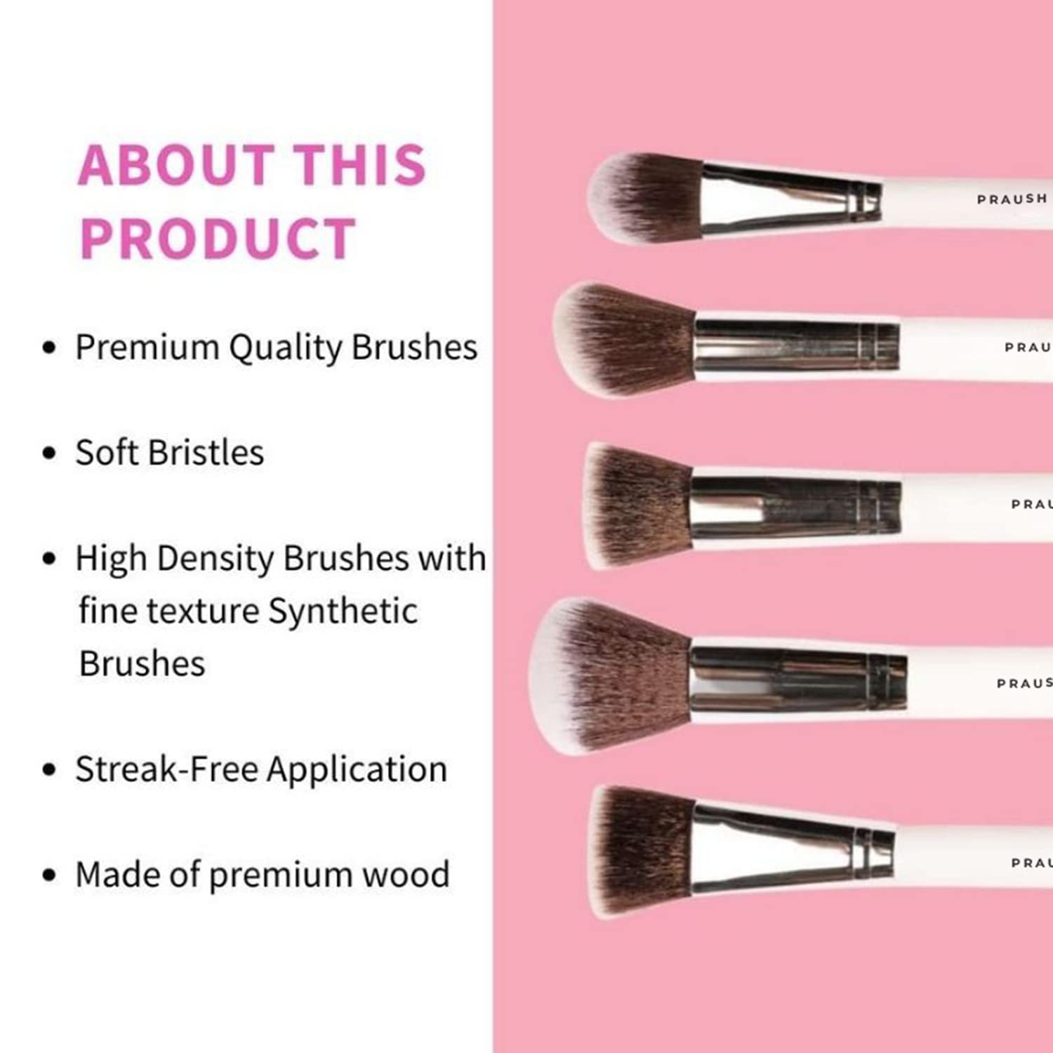 Praush 5-Piece Essential Face Brush Set for Makeup & Skincare - Professional Cosmetic Brush Kit for Foundation, Blending & Beauty Routine