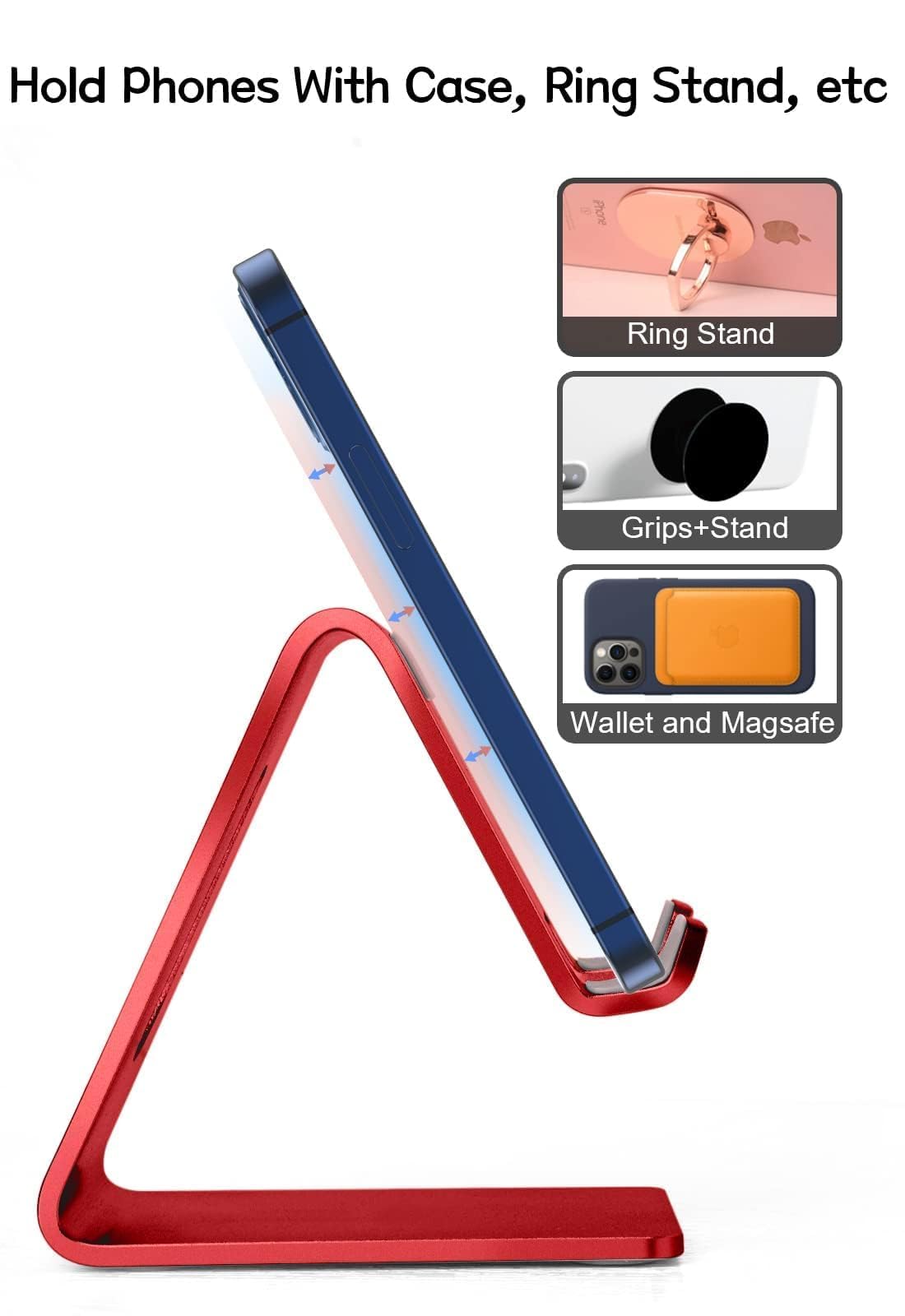 Aluminum Phone Stand Holder for Desk - Universal Mobile Phone Cradle Dock Compatible with iPhone 14/13/12/11/X/8/7/6/SE & Samsung Galaxy - Red - Perfect for Office, Home & Car Use