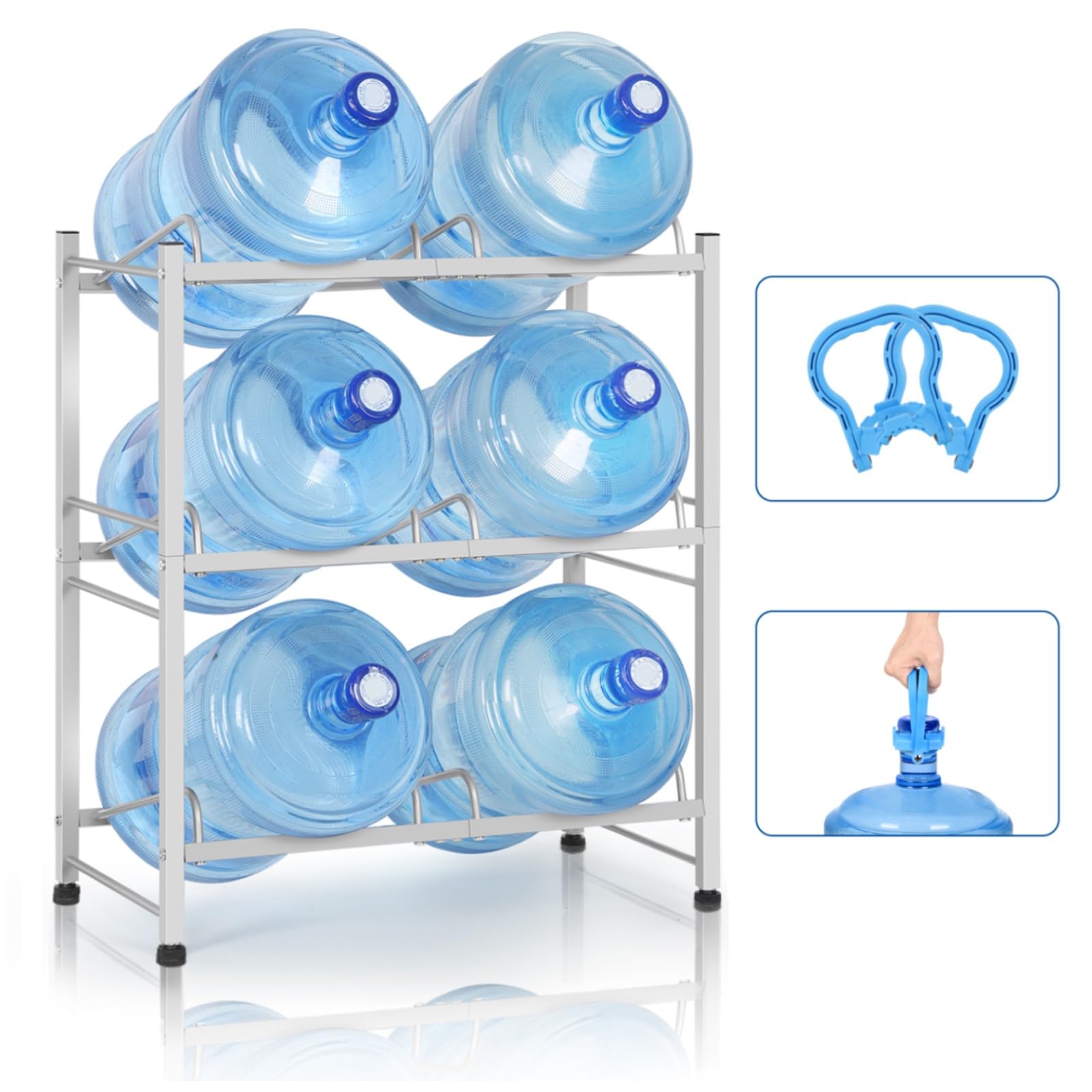 5 Gallon Water Jug Rack - Heavy Duty 3-Tier Storage Stand for Small Spaces & Room Corners - Holds 6 Bottles (Silver) - Perfect for Home & Office Hydration Stations