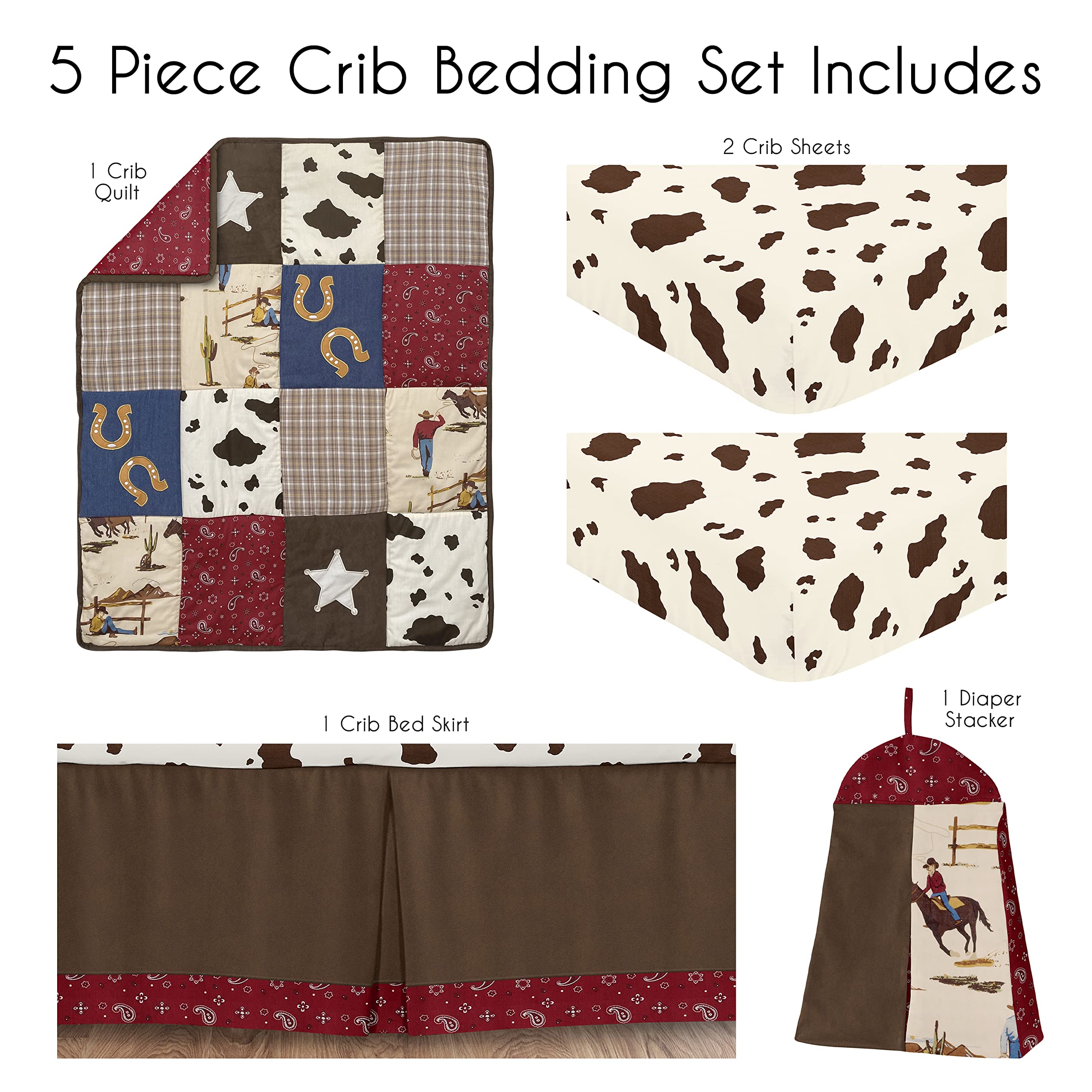 Sweet Jojo Designs Western Cowboy Baby Crib Bedding Set - 5pc Nursery Set with Quilt, Fitted Sheet, Skirt & Diaper Stacker - Tan Brown & Red Southern Country Theme - Perfect for Wild West Nursery Decor & Cowboy-Themed Baby Showers