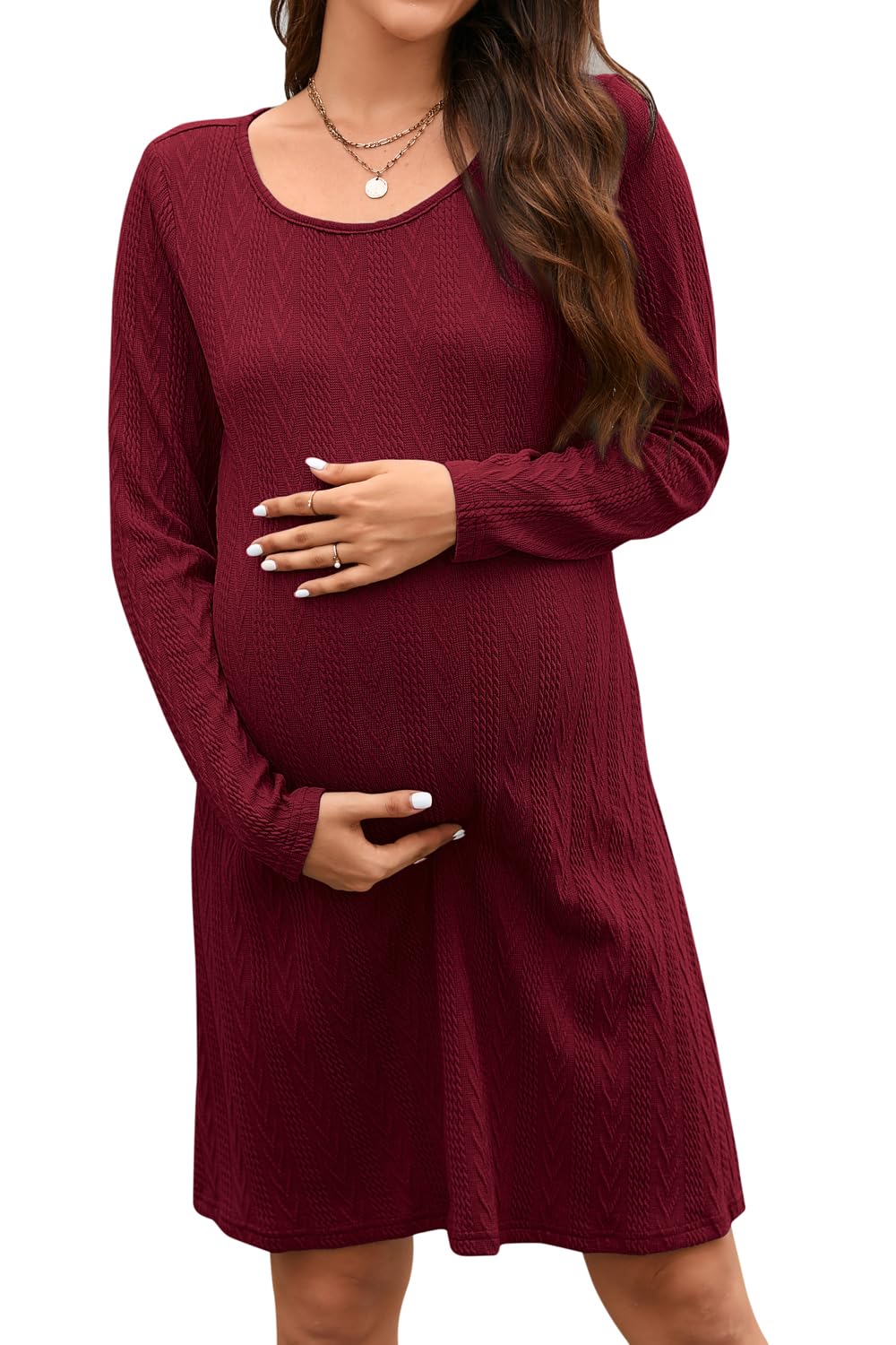 STYLEWORD Women's 2024 Spring Maternity Sweater Dress - Long Sleeve Pullover Knit Casual Fashion Outfit for Pregnancy Photoshoots & Everyday Wear