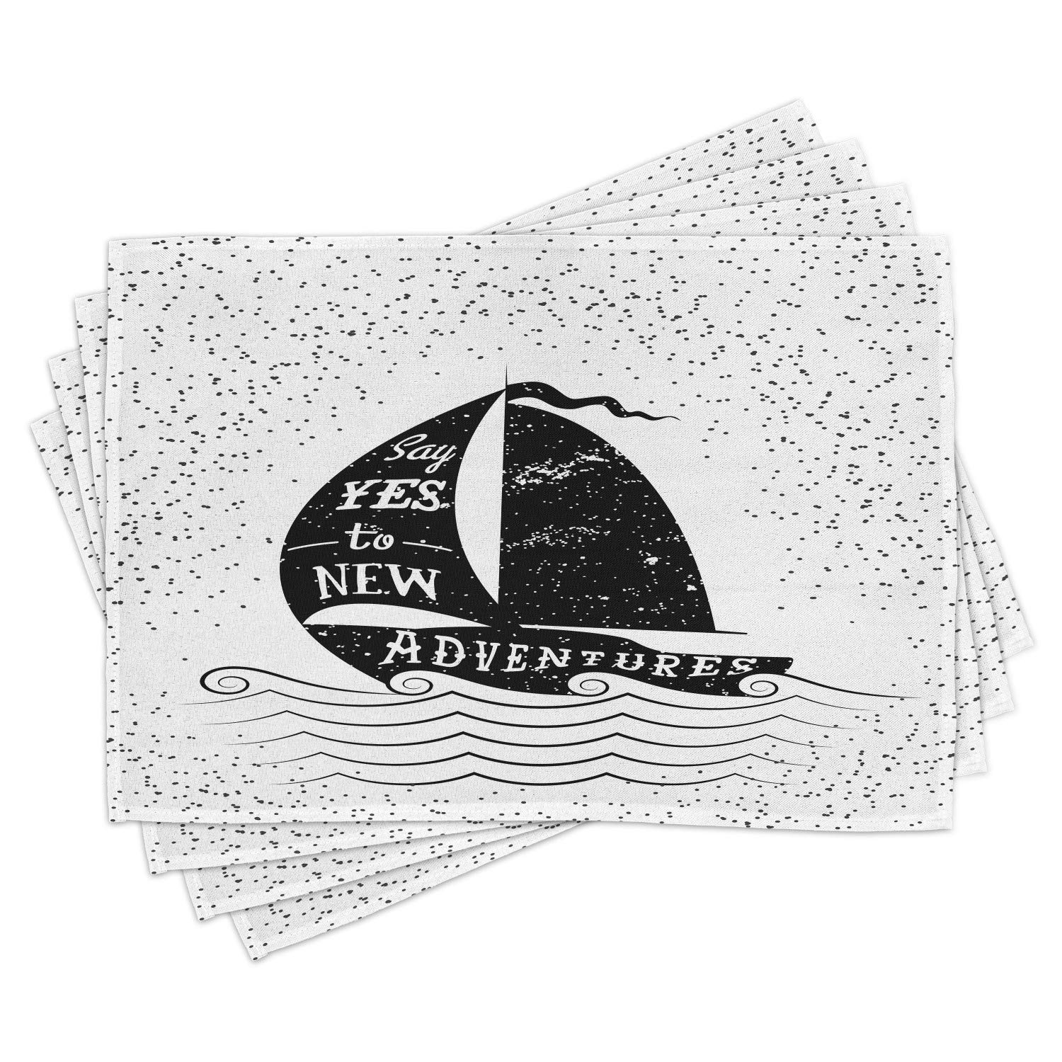 Ambesonne Adventure Place Mats Set of 4 - Nautical Boat Journey Themed Washable Fabric Table Mats for Dining Room & Kitchen Decor in Black & White | Perfect for Beach House, Coastal Theme Parties & Everyday Dining