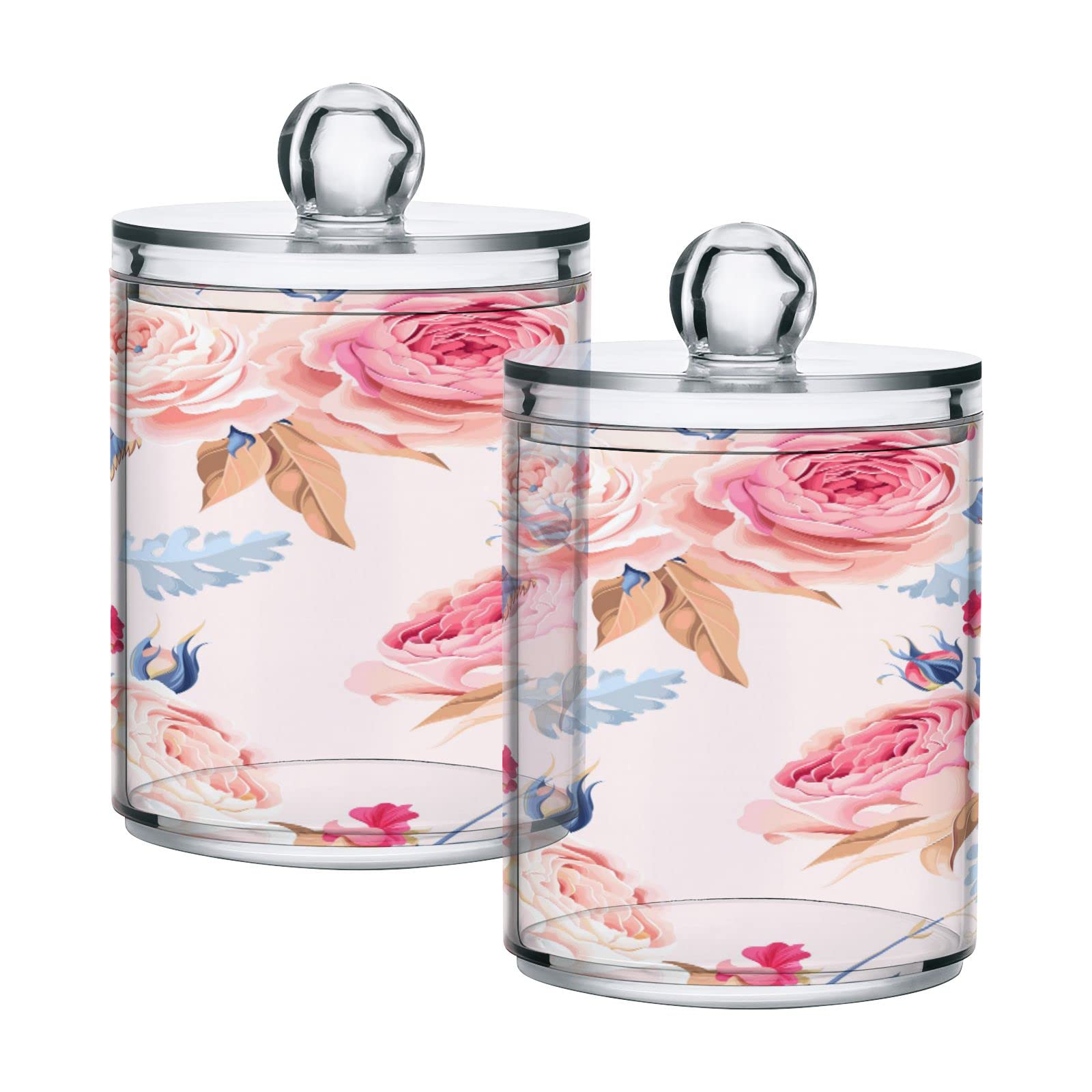 ALAZA Pink Rose Round Qtip Holder - 10 oz Plastic Cotton Ball & Swab Organizer with Lid for Bathroom Countertop Storage | Perfect for Makeup, Skincare, and First Aid Organization