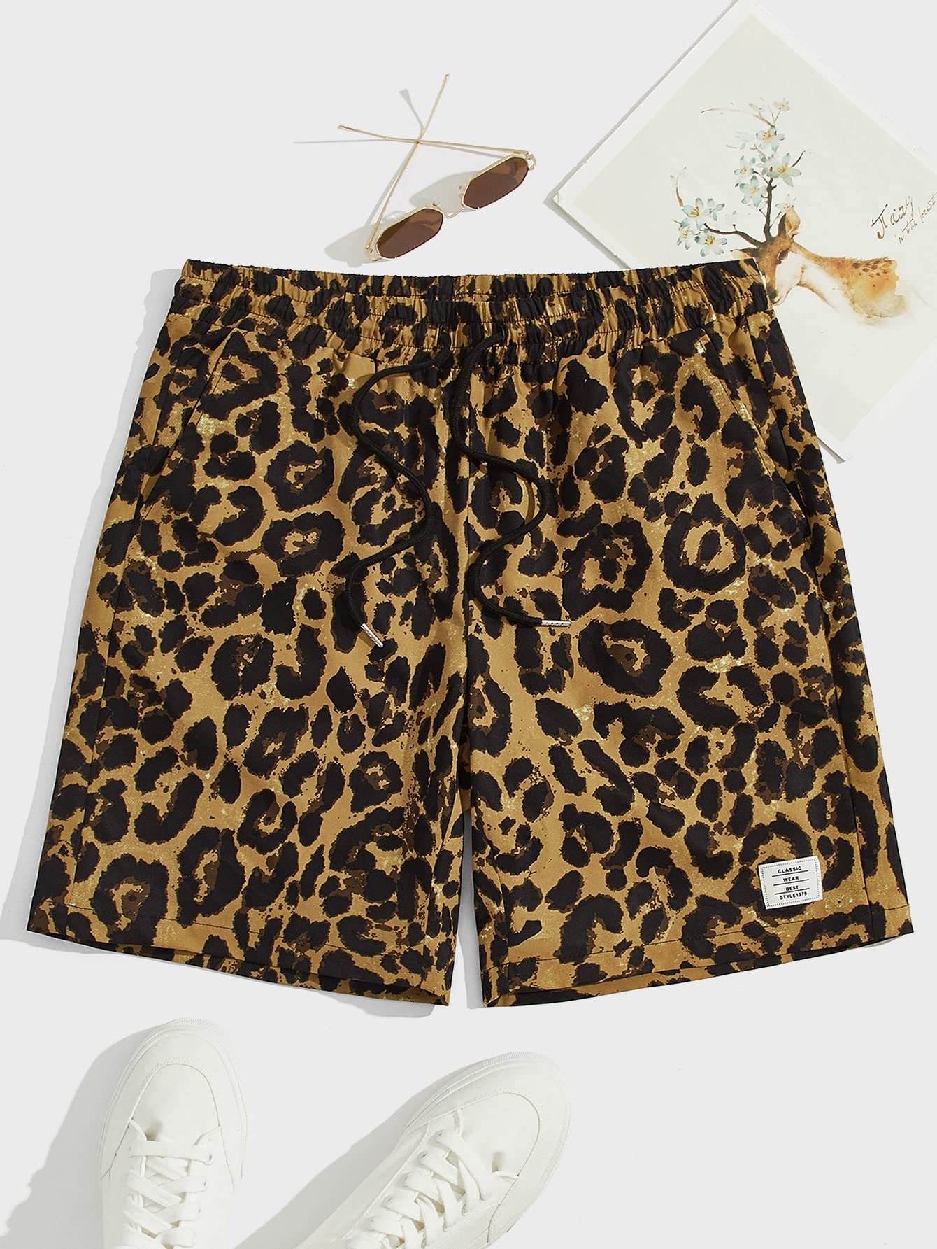 GORGLITTER Men's Leopard Print Graphic Workout Shorts - Athletic Training Shorts with Drawstring Waist & Wide Leg Design for Gym, Running, and Casual Wear