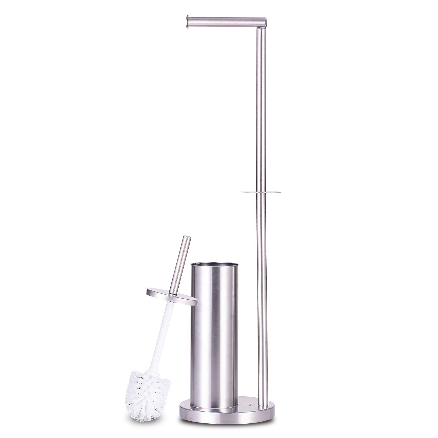 Nuovoo Freestanding Toilet Paper Holder Stand with Toilet Brush Holder - Chrome Bathroom Tissue Storage Organizer & Dispenser - Perfect for Small Bathrooms, Powder Rooms, and RVs