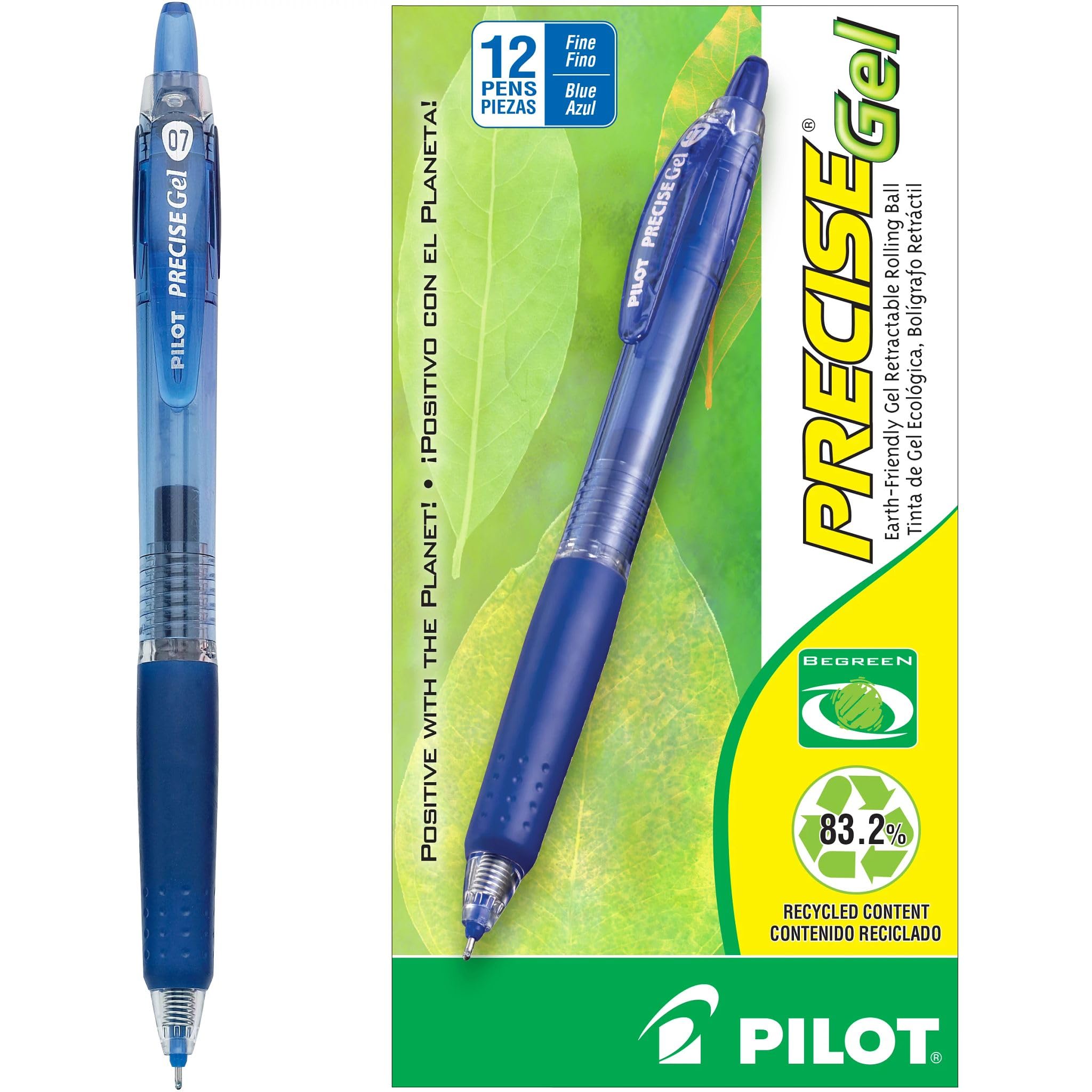 Pilot Precise BeGreen Refillable Retractable Gel Pens - 0.7mm Fine Point Blue Ink - 12 Pack for Office, School & Eco-Friendly Writing