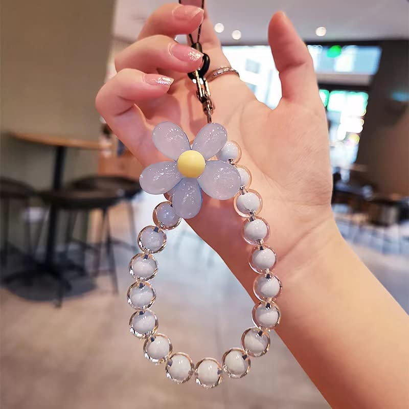 Beaded Flower Phone Lanyard - Anti-Lost Wrist Strap & Keychain for Mobile Phones | Stylish Blue Accessory for Women & Girls | Perfect for Everyday Use, Work, and Travel