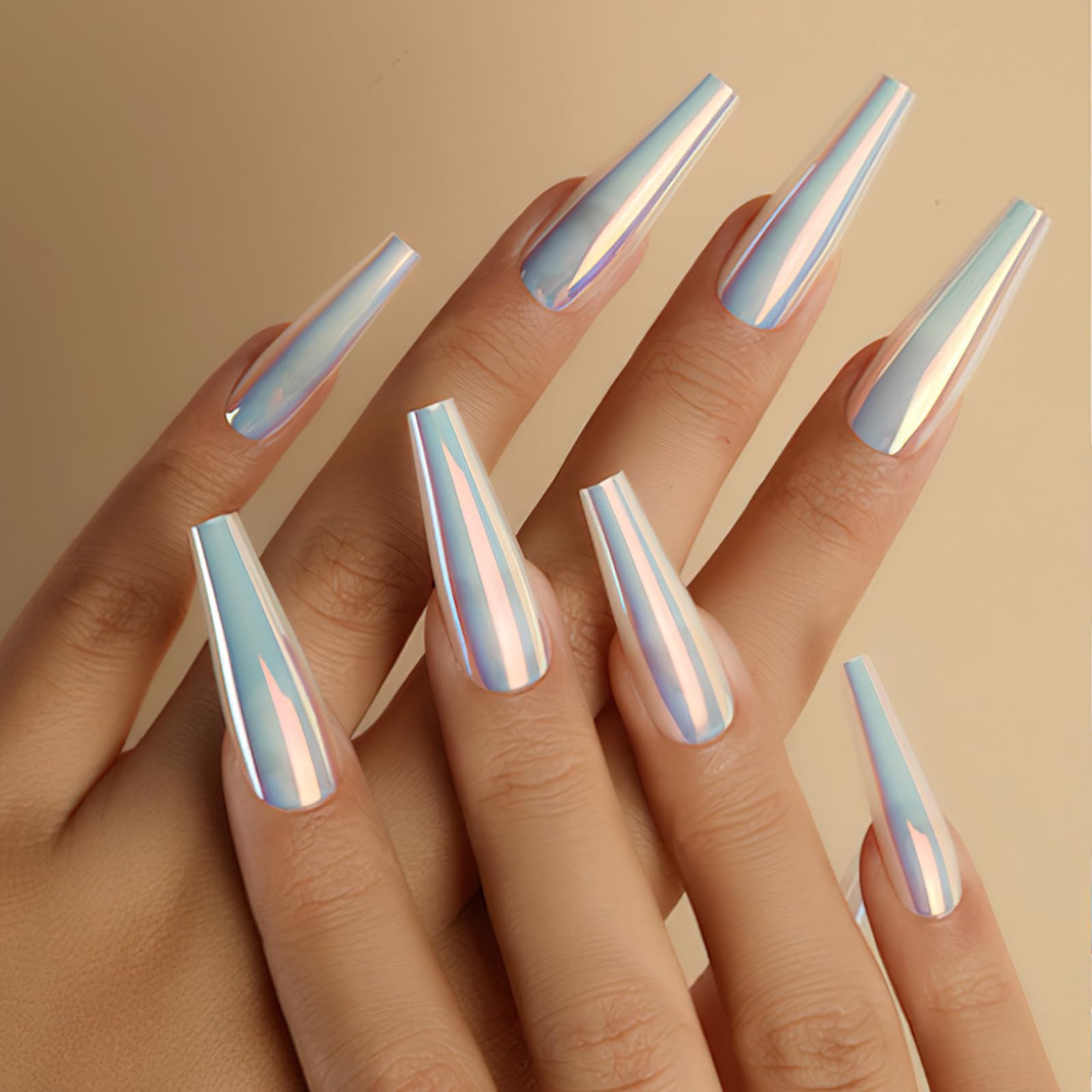 Chrome Press on Nails Ballerina Long Coffin False Nails - 24pcs Holographic Mirror Glue on Nails with Chameleon Metallic Effect - Luxury Full Cover Acrylic Artificial Nails for Women & Girls - Perfect for Parties, Weddings, and Special Occasions