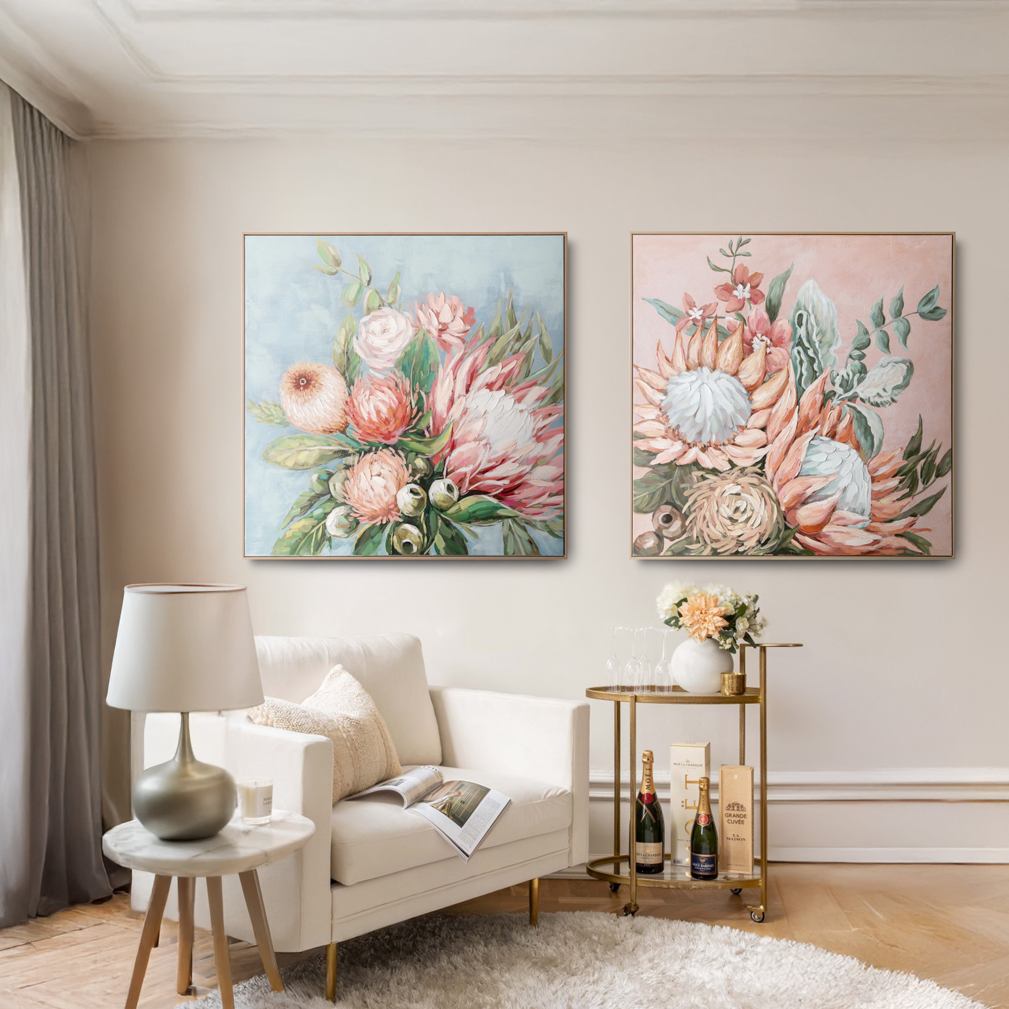 Urban Style Brushmarks Embellished Canvas Protea Pink Wall Art - Perfect for Living Room, Bedroom & Office Decor