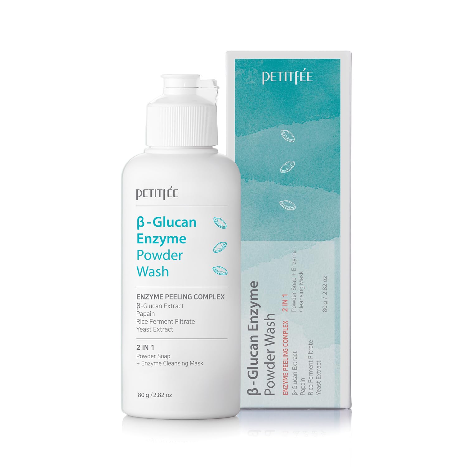 Petitfee B-Glucan Enzyme Powder Wash 2.82 oz (80g) - Gentle Exfoliating Facial Cleanser with Papaya Extract & Rice Ferment for Daily Use | Korean Skincare, Powder-to-Foam Cleanser for Sensitive Skin | Perfect for Morning Routine & Deep Cleansing