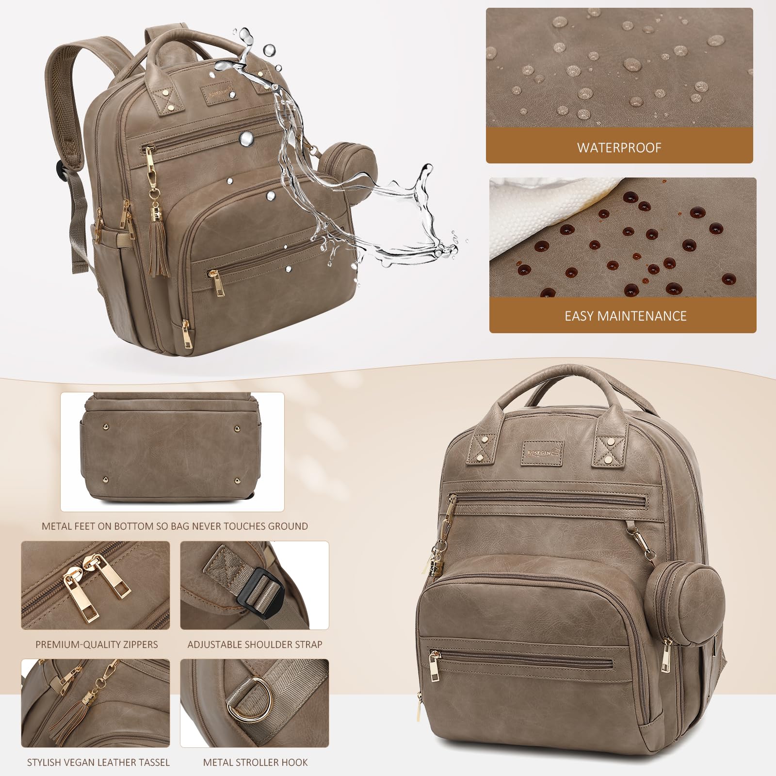 Premium Vegan Leather Diaper Bag Backpack - Waterproof Baby Changing Pad, 20 Pockets Organizer, Reinforced Zippers & Odor-Free, Fits 15.6