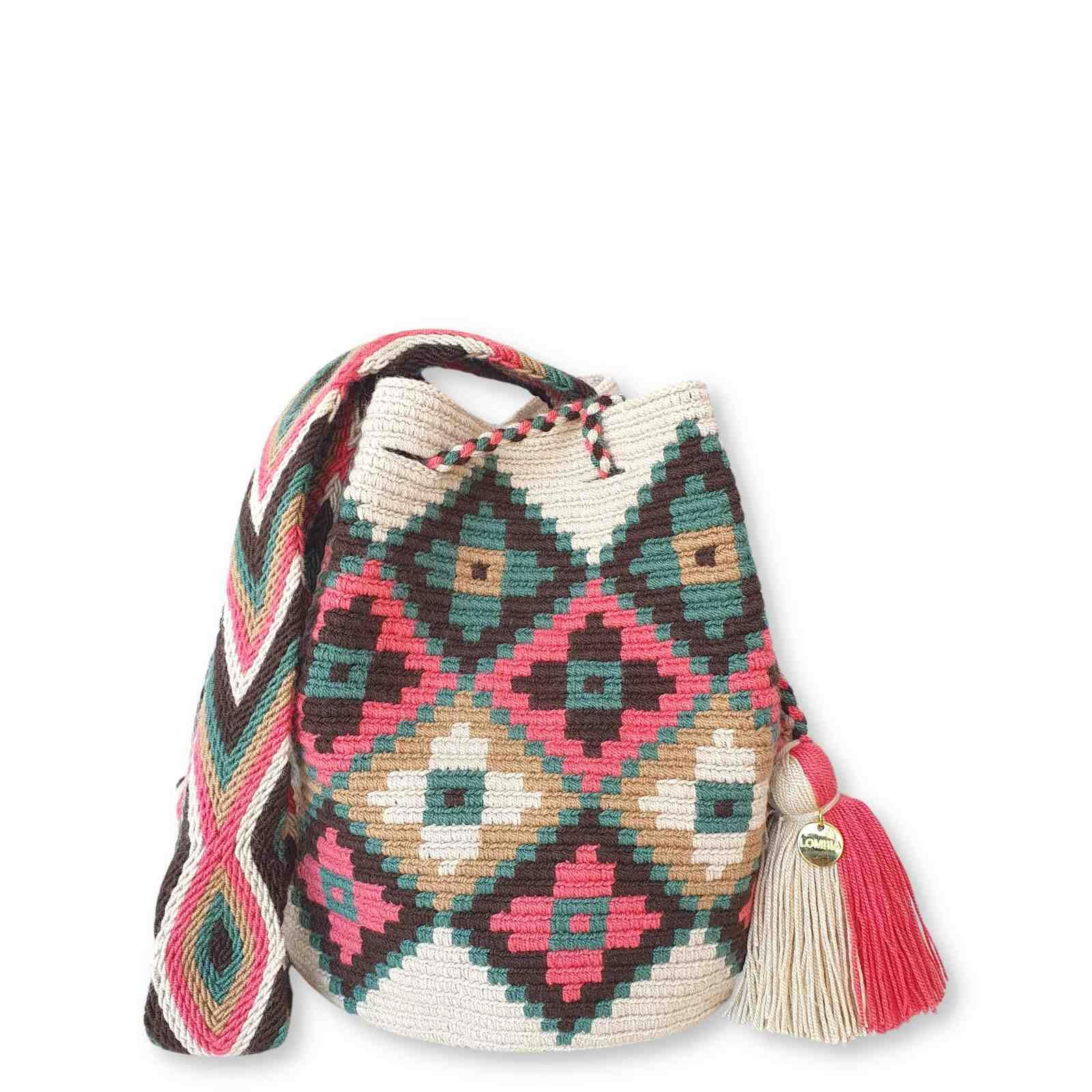 Authentic Handmade WAYUU Mochila Bag from Colombia - Medium Crochet Crossbody Purse, Bucket Bag, Colombian Craft (Zarza) - Perfect for Beach, Travel & Boho Fashion Accessory