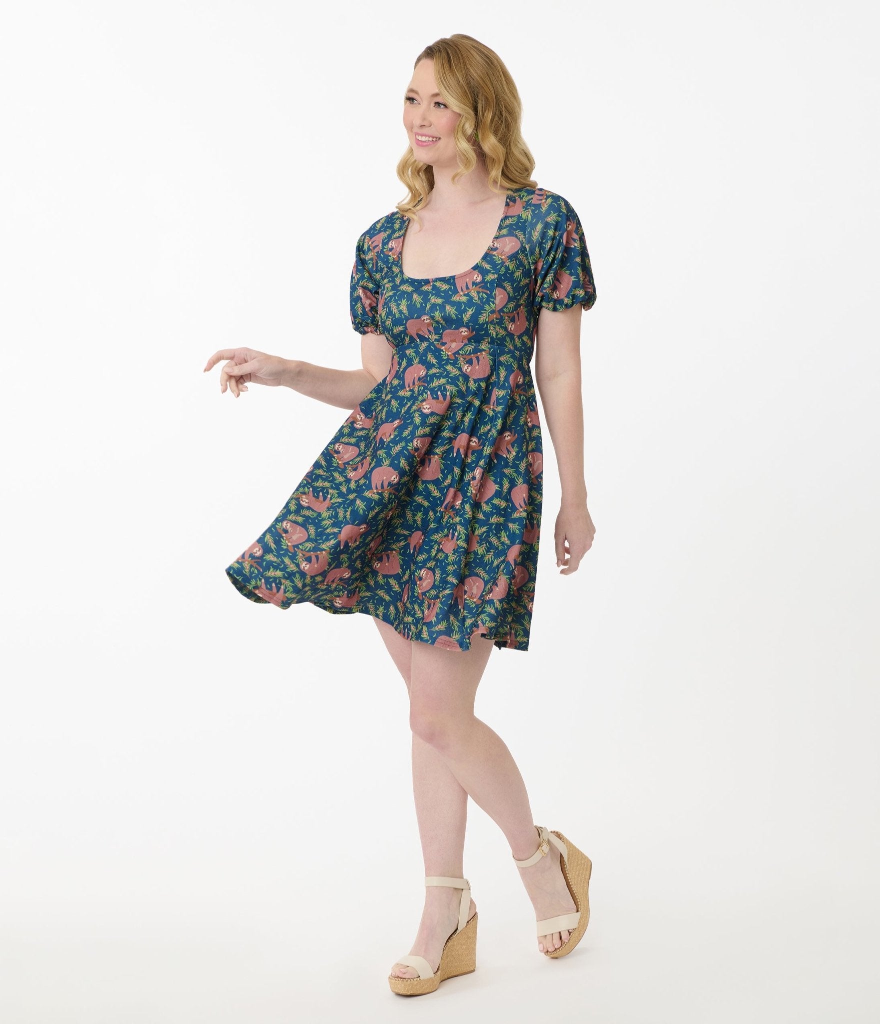 Vintage Blue Summer Sloth Print Fit & Flare Dress - Retro Style Women's Casual Sundress for Beach Vacation, Outdoor Picnic & Date Night