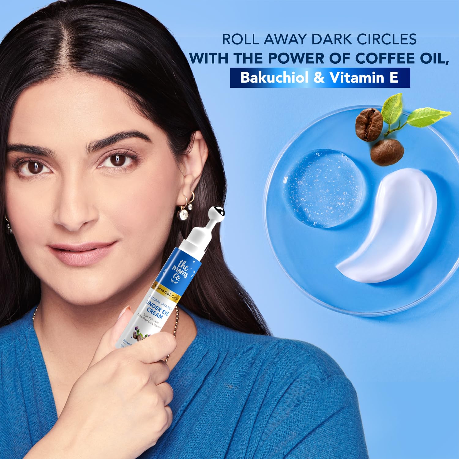 The Moms Co. Natural Vita Rich Under Eye Cream for Dark Circles & Puffiness - Chia Seed Oil, Coffee Oil, Vitamins E & B3 - Cooling Massage Roller for Women & Men - Reduce Fine Lines & Wrinkles - 15g/0.5 oz - Perfect for Night Routine & Travel Skincare