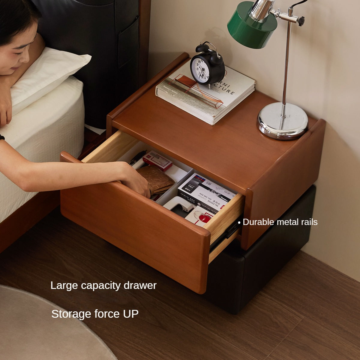 Solid Oak and Poplar Wood Nightstand - Sturdy Bedside Table for Bedroom, Living Room, or Office - Natural Wood Finish with Storage Shelf