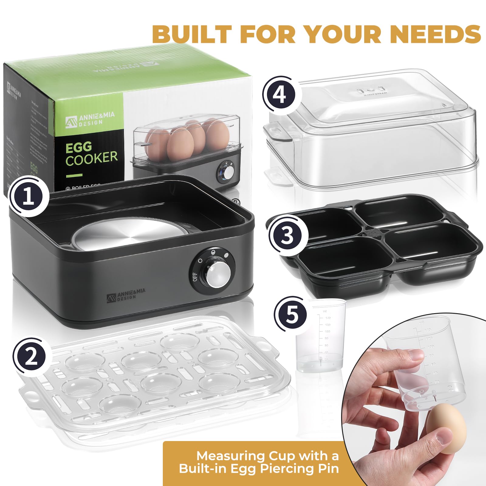 Annie & Mia 8 Egg Electric Egg Cooker - 500W Stainless Steel Egg Boiler with Auto Shut-Off | Perfect for Hard, Medium & Soft Boiled Eggs | Ideal for Breakfast Meal Prep, Camping & Kitchen Use