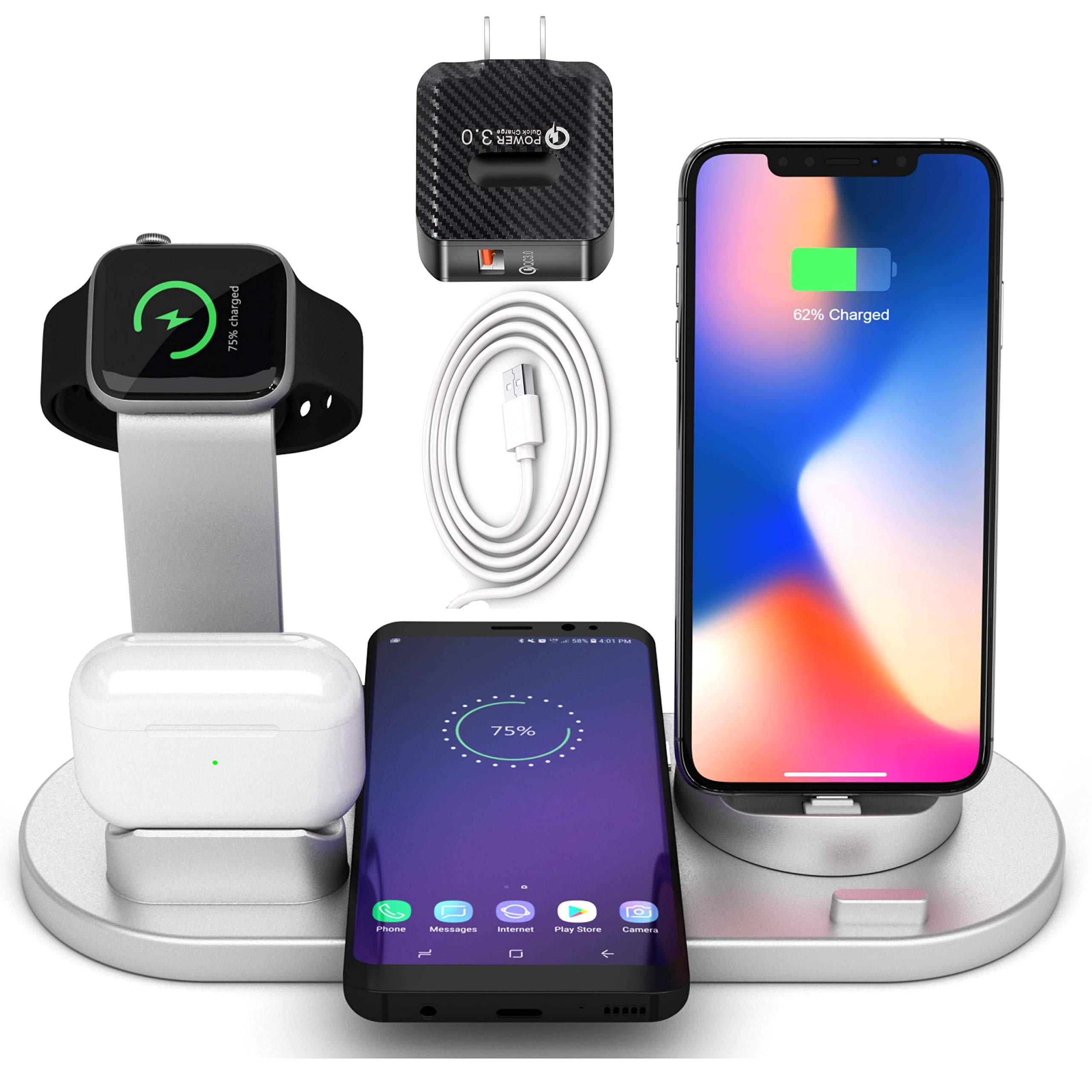 Fast Wireless Charging Station for iPhone 13/12, AirPods Pro 2 & Apple Watch SE/6/5 - 3-in-1 Magnetic Charger Dock (Silver) | Perfect for Bedside, Office & Travel Charging