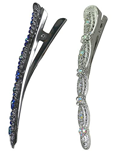 2 Pack JCGY Alligator Hair Clips with U Underclip for Thin Hair - Bridal Duckbill Beak Clips with Strong Grip (Blue Crystal) - Perfect for Weddings, Prom, and Everyday Hairstyling