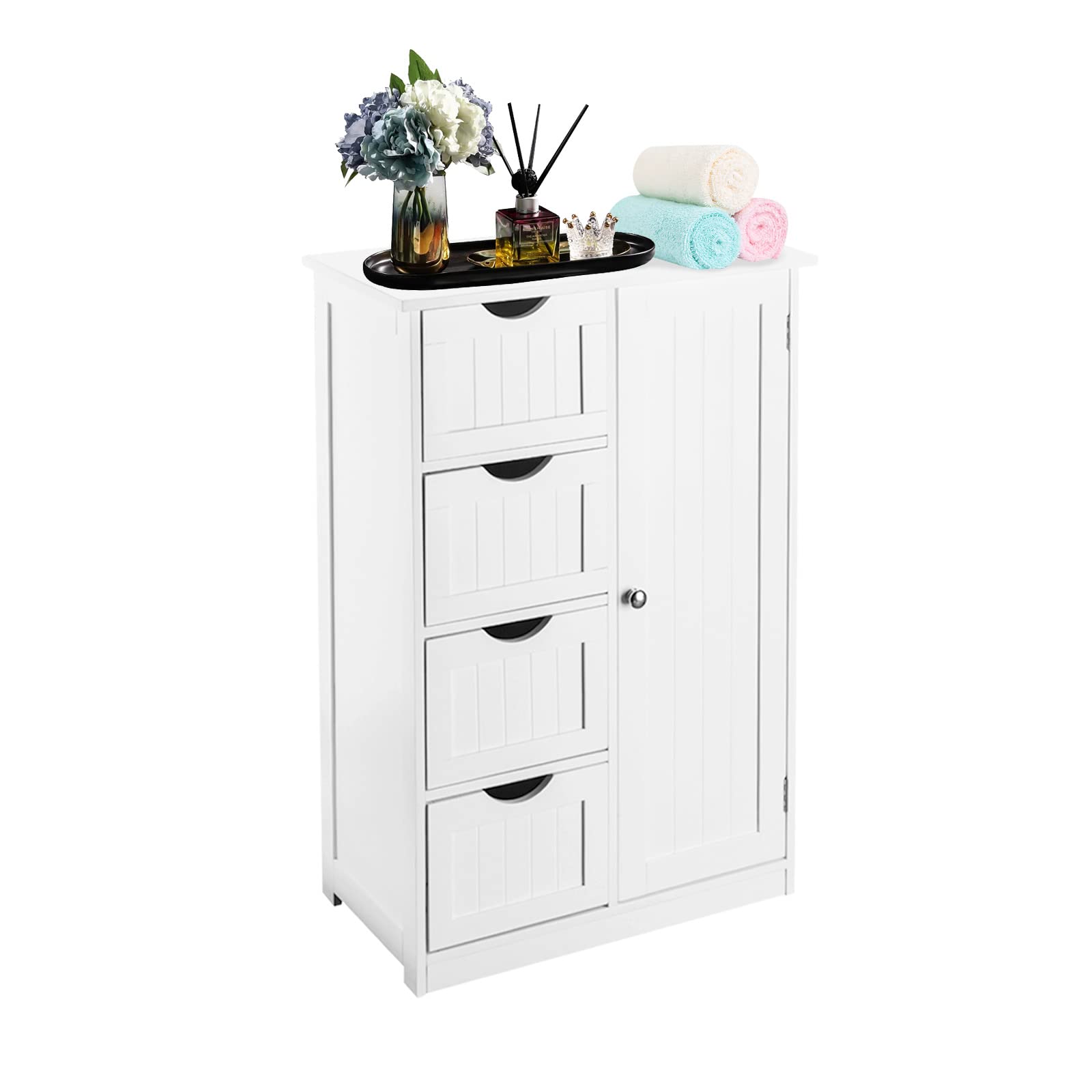 BNSPLY White Freestanding Bathroom Floor Cabinet - 4 Drawer Wood Storage Organizer for Bathroom, Bedroom & Living Room (21.7