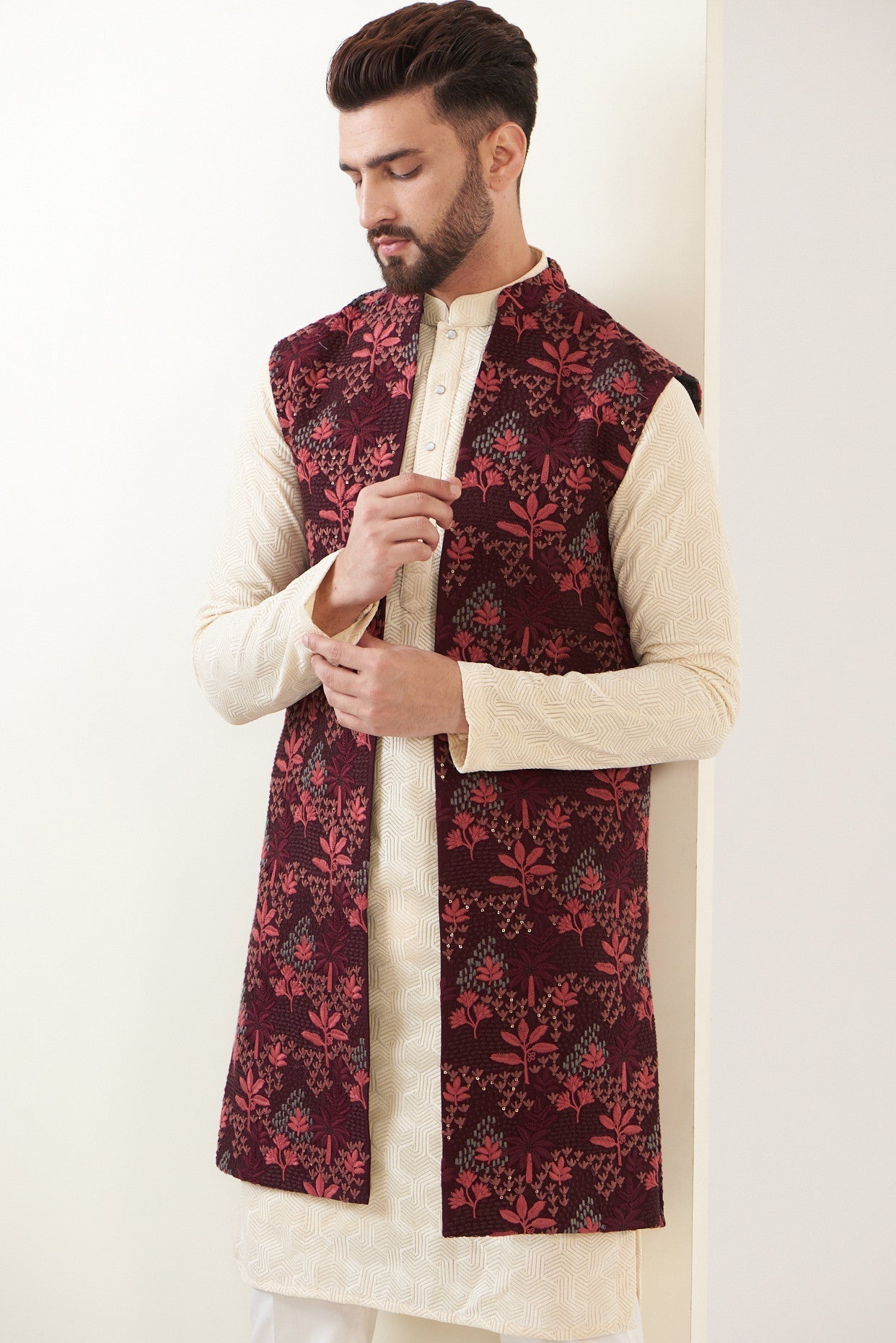 Elegant Maroon Embroidered Long Jacket for Women - Stylish Winter Coat with Intricate Designs - Perfect for Parties, Weddings & Cold Weather Fashion