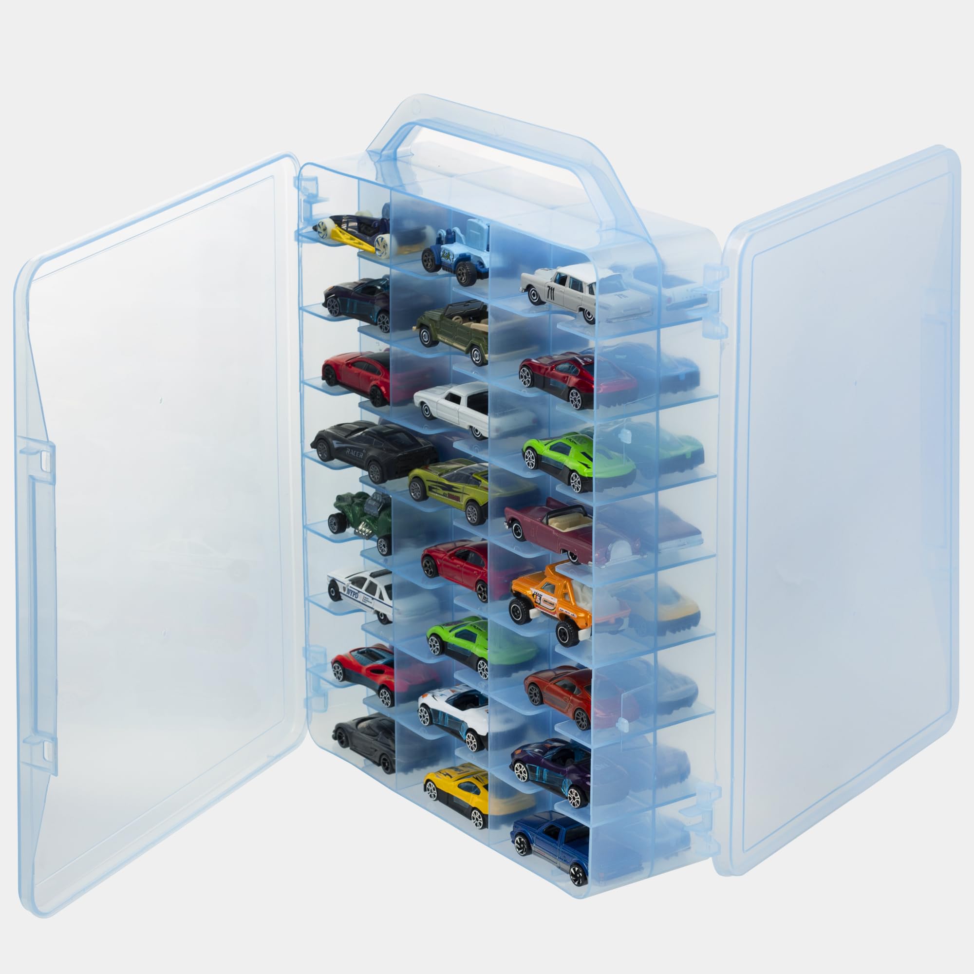 KISLANE Double Sided Car Storage Case for 48 Matchbox Cars, Mini Toys & Small Dolls - Portable Transparent Organizer with 48 Slots (Blue) | Perfect for Kids' Toy Storage, Travel & Playroom Organization
