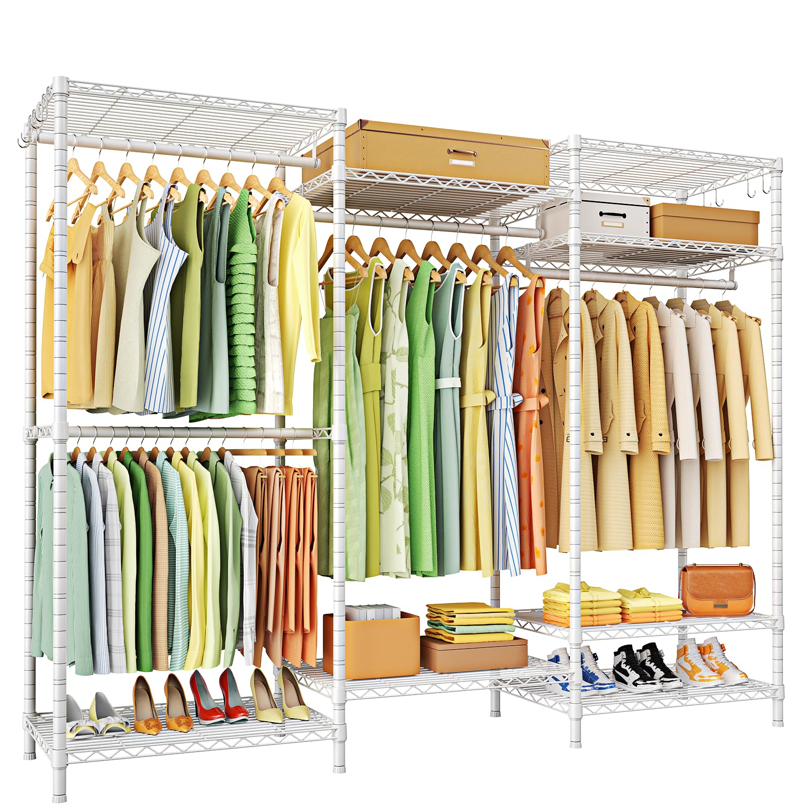 Heavy Duty Clothes Rack with 4 Hanger Rods & 8 Shelves - Adjustable Freestanding Garment Rack for Hanging Clothes, 63