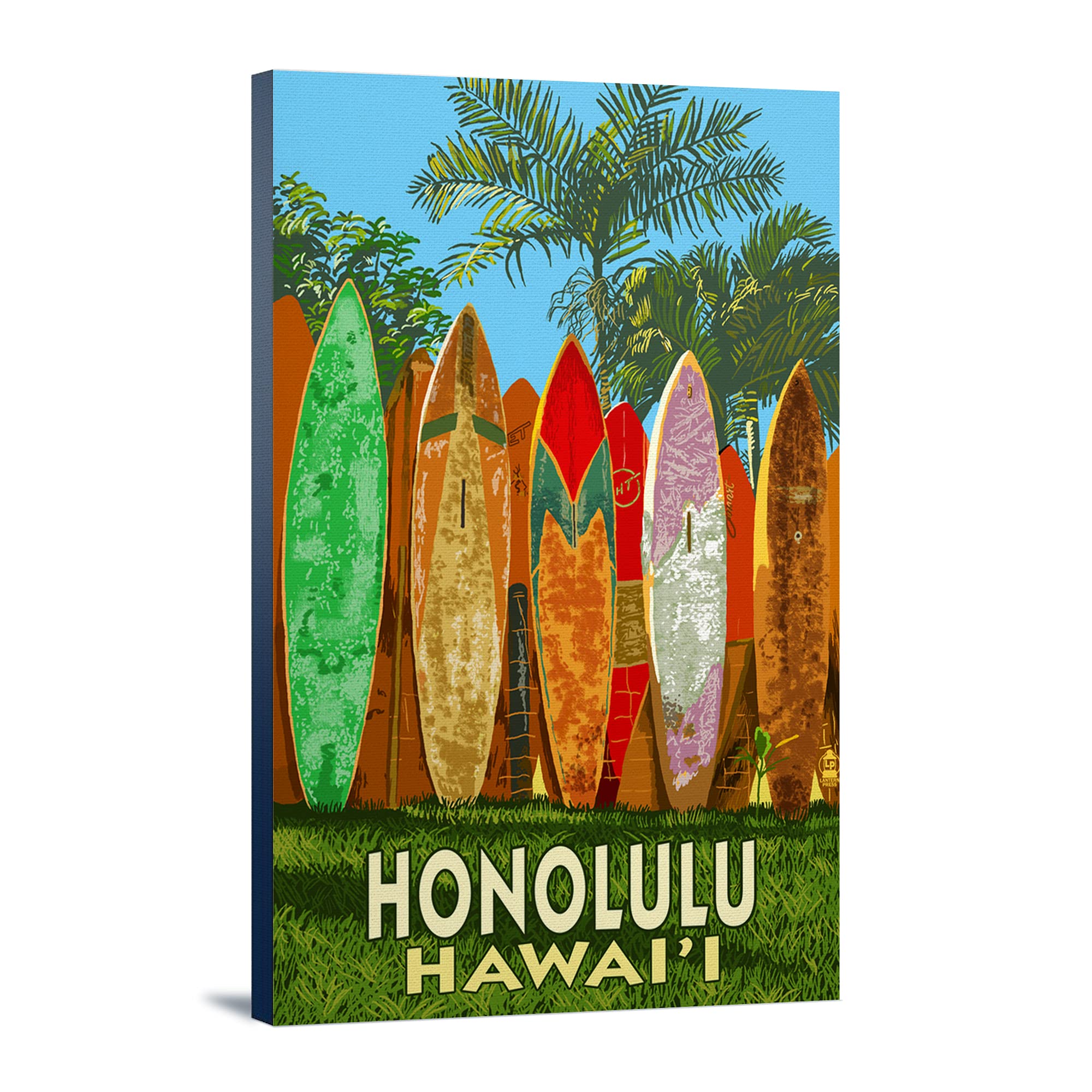 Lantern Press Honolulu Hawaii Surfboard Fence Wall Art - 16x24 Wrapped Canvas Print - Coastal Home Decor for Living Room, Bedroom & Beach House
