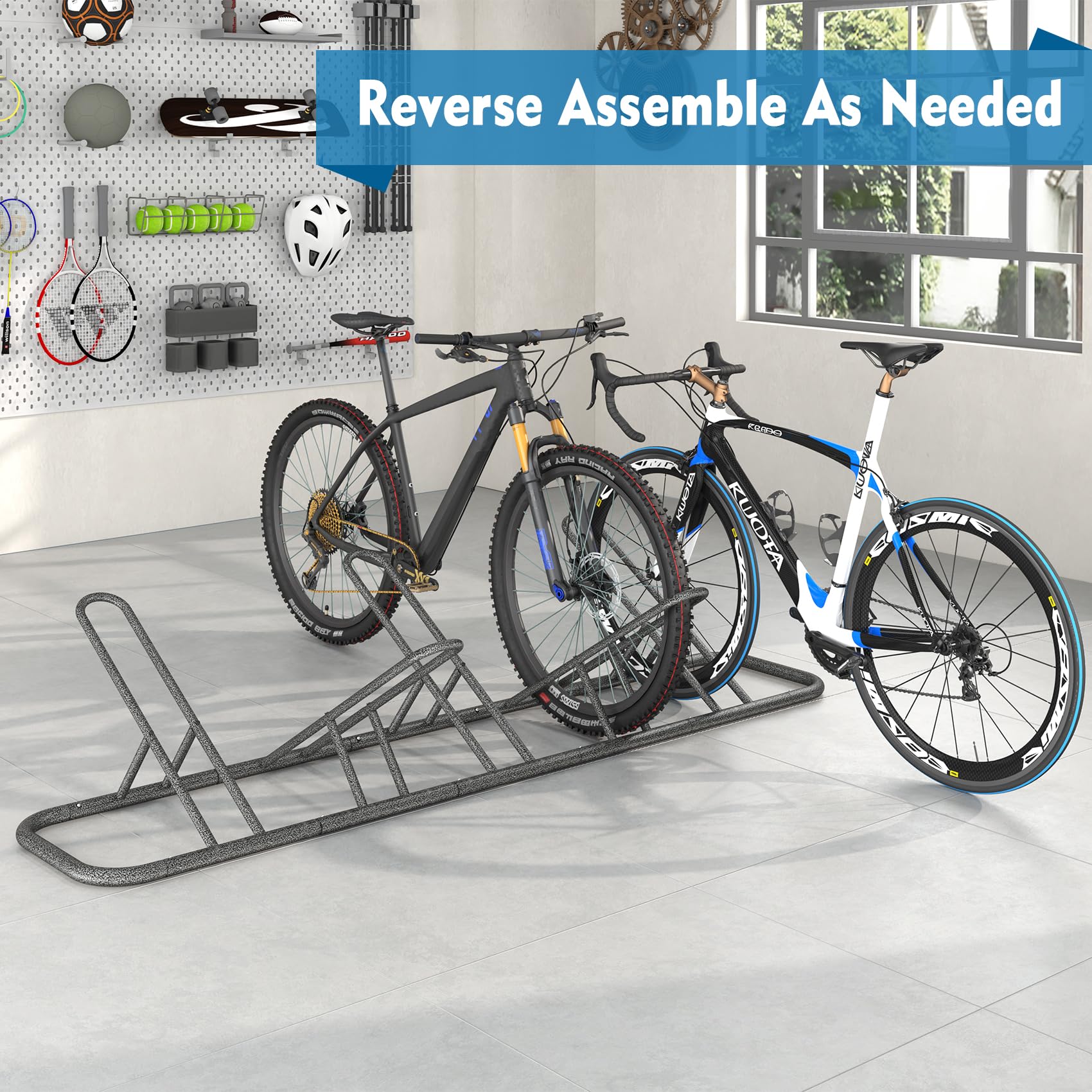Heavy Duty Bike Rack for Garage - Indoor Floor & Outdoor Bike Storage Stand Holds 5 Bikes - Hammer-Tone Silver Finish - Perfect for Home, Apartment & Backyard Bike Organization