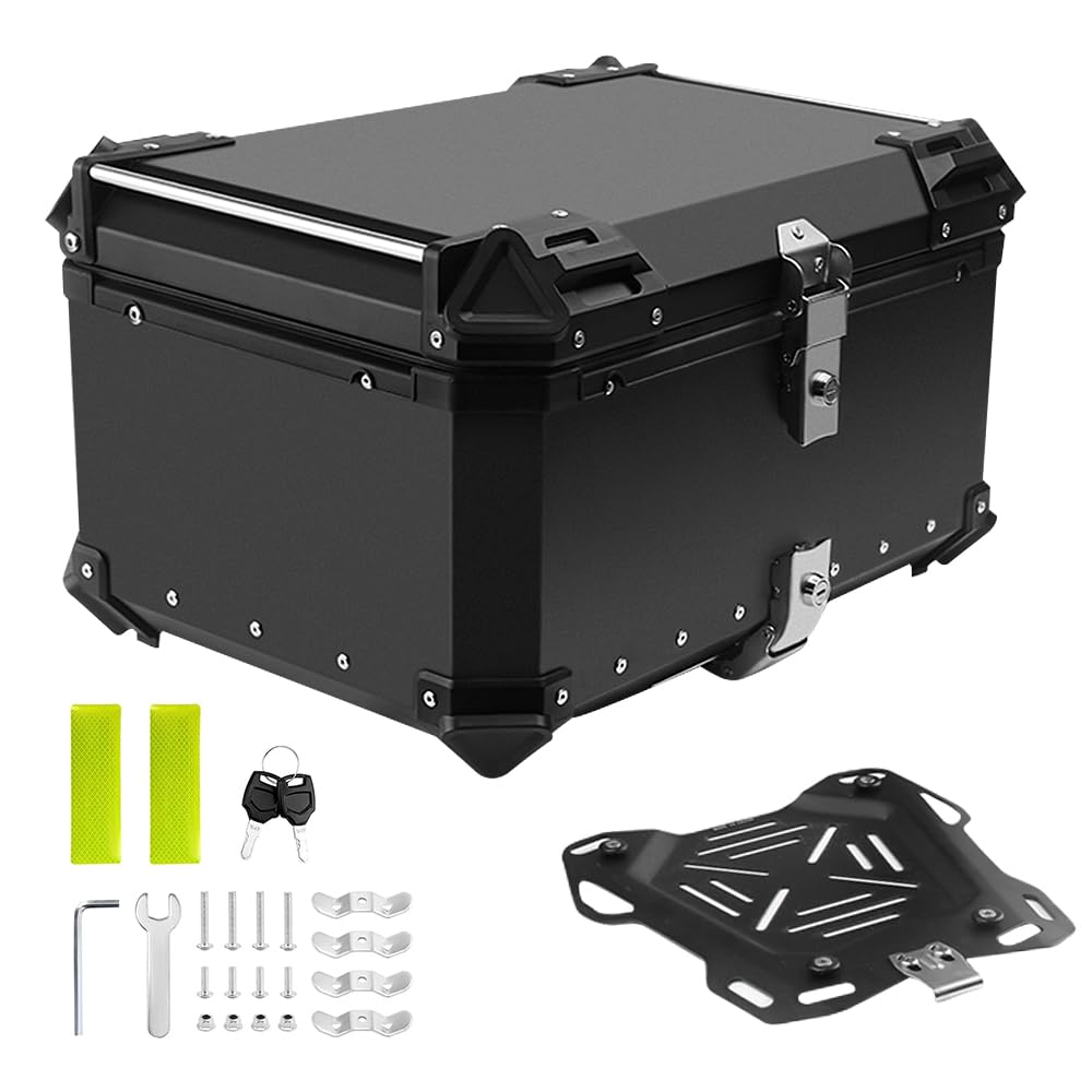 65L Aluminum Motorcycle Top Case - Waterproof, Rustproof & Dustproof Motorcycle Trunk with Anti-Theft Lock System & Universal Bracket - Easy Installation for Secure Storage - Perfect for Commuting, Touring & Adventure Riding (Black)