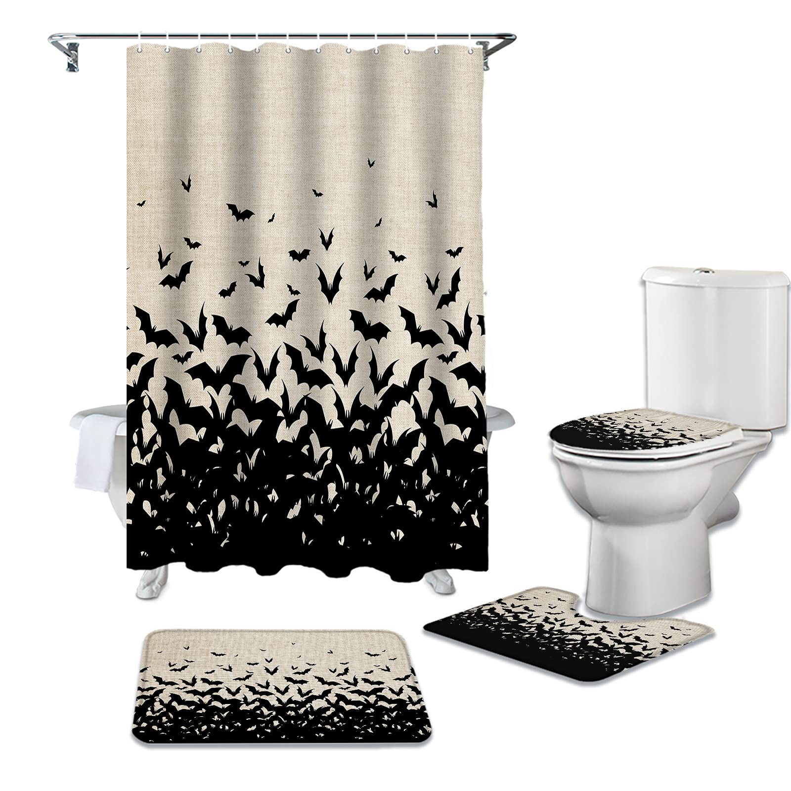 Queenker 4Pcs Halloween Shower Curtain Set - Black Bat Design Waterproof Bathroom Decor with Non-Slip Rug, Toilet Lid Cover & U-Shaped Mat for Spooky Bathroom Makeover | Perfect for Halloween Party Decor & Themed Bathrooms