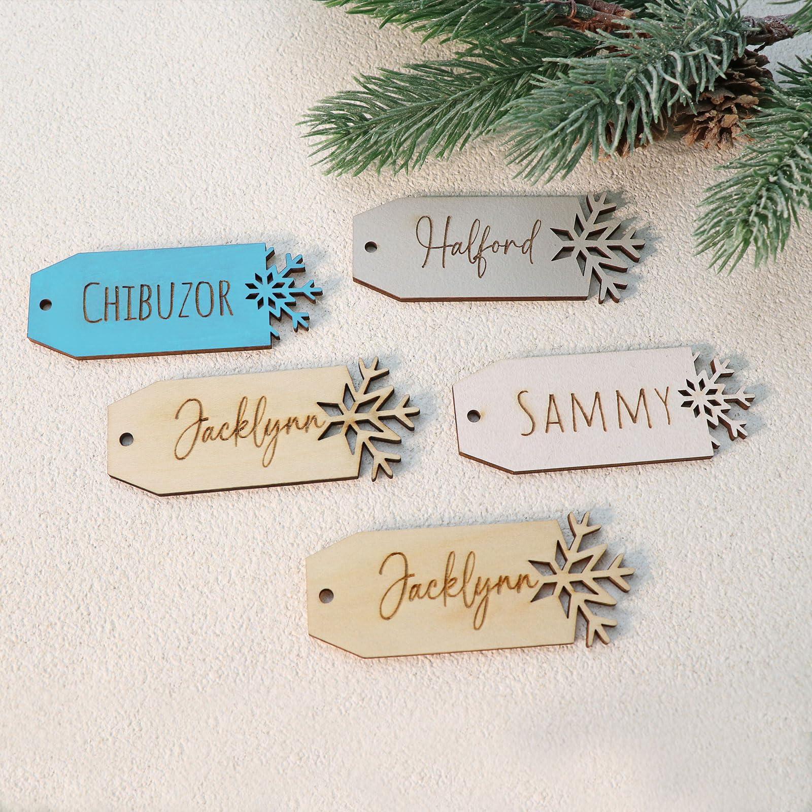 Personalized Christmas Stocking Tags - 12 Colors Custom Wooden 2023 Holiday Ornaments with Names - 3x1 Inch Snowflake Tags for Rustic Christmas Decor - Perfect for Fireplace Mantel, Gift Tags & Tree Decorations