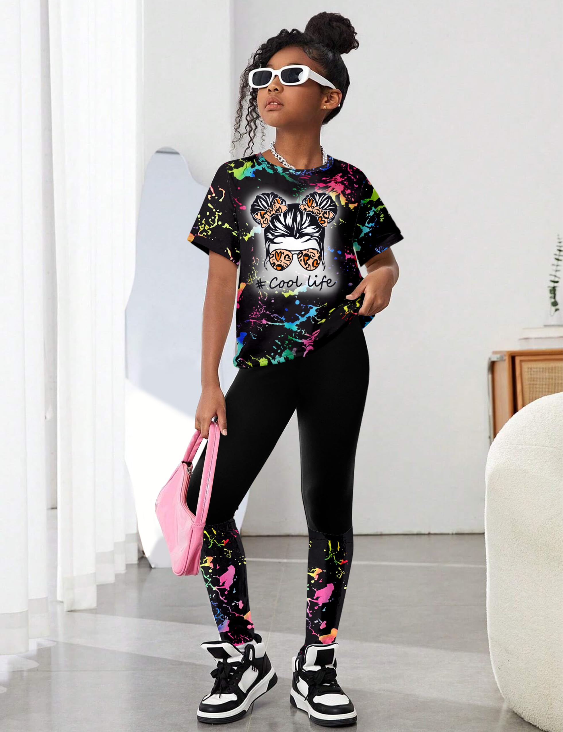 **DONWEN Girls Tie-Dye 2-Piece Sweatsuit Set - Short Sleeve Graphic Top & Long Pants - Cute Summer Outfits for Girls - Perfect for Playdates, School, and Casual Wear**