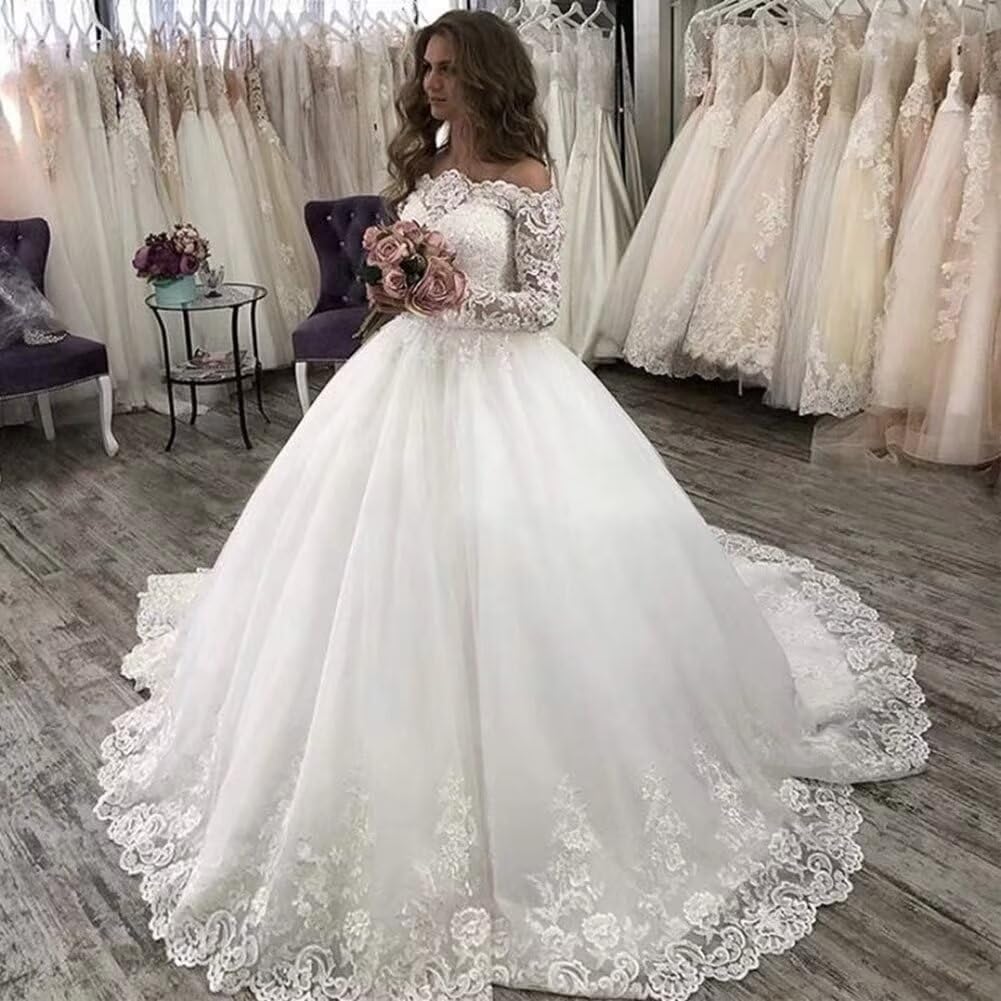 2025 Off Shoulder Long Sleeve A-Line Wedding Dress with Floral Appliques | Elegant Bridal Gown for Church, Beach & Garden Weddings | Women's Formal Evening Gown