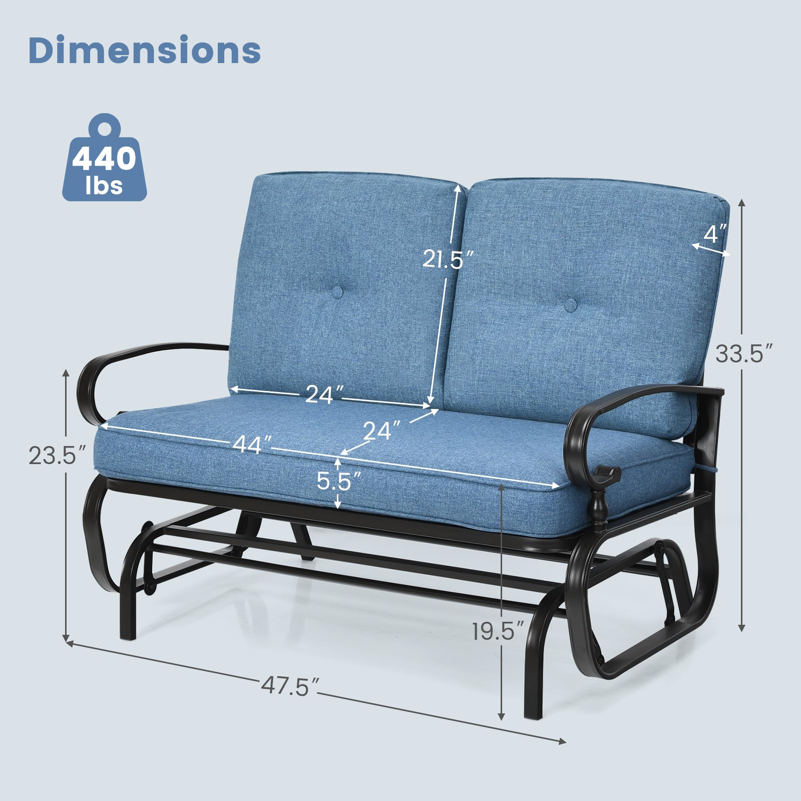 **Tangkula 2-Person Outdoor Swing Glider Chair - Patio Loveseat with Steel Frame & Comfortable Cushions - Perfect for Garden, Porch, Balcony, Poolside (Blue) - Relaxing Outdoor Seating for Couples**