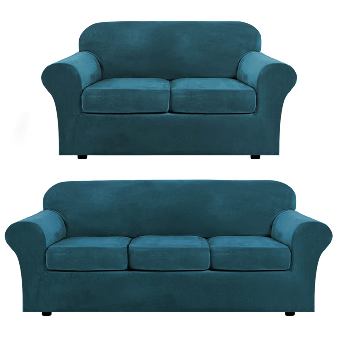 H.VERSAILTEX 4-Piece Velvet Plush Sofa Slipcover Set with 3-Piece Loveseat Cover - Deep Teal Blue - Soft Stretch Couch Covers for Living Room, Sectional, Furniture Protection