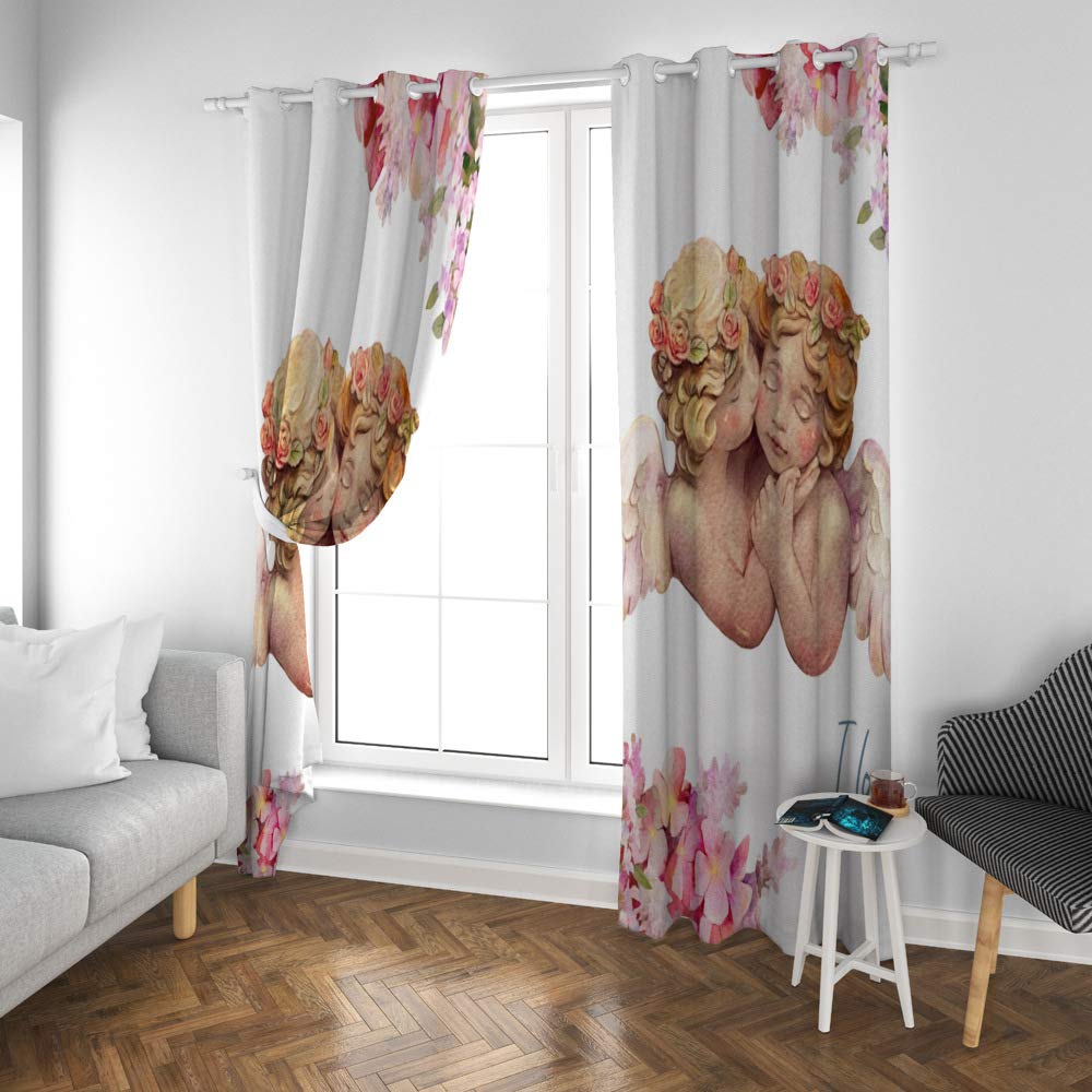 Kuizee Blackout Curtains 84x55 Inch - Sun Blocking Watercolor Angel Design for Living Room & Bedroom, Thermal Insulated Grommet Top Window Drapes (2 Panels) - Perfect for Nursery, Home Theater & Light-Sensitive Sleepers