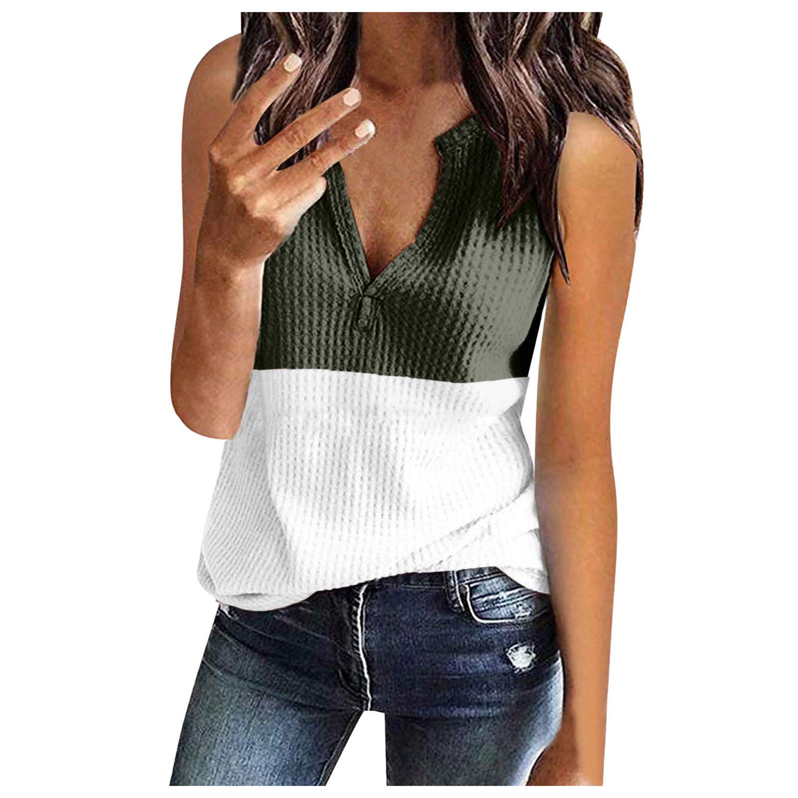 Aniywn Women's Waffle Knit V-Neck Tank Top - Summer Casual Sleeveless Shirt, Loose Fit Blouse with Color Block Design | Perfect for Beach, Vacation & Everyday Wear