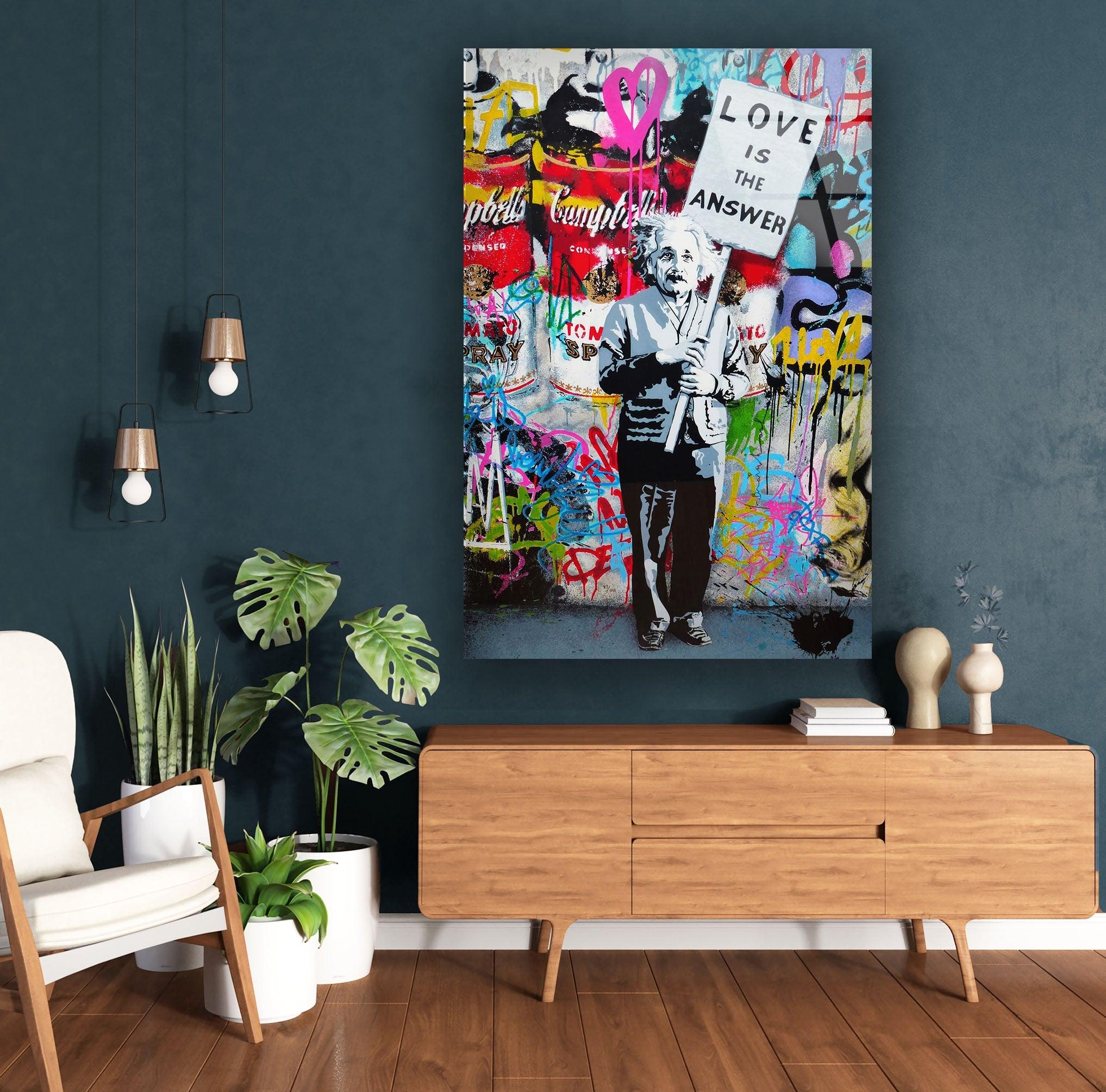 Banksy Einstein Graffiti Glass Wall Art - Modern Home Decor for Living Room, Office & Bedroom - Unique Street Art Inspired Glass Painting