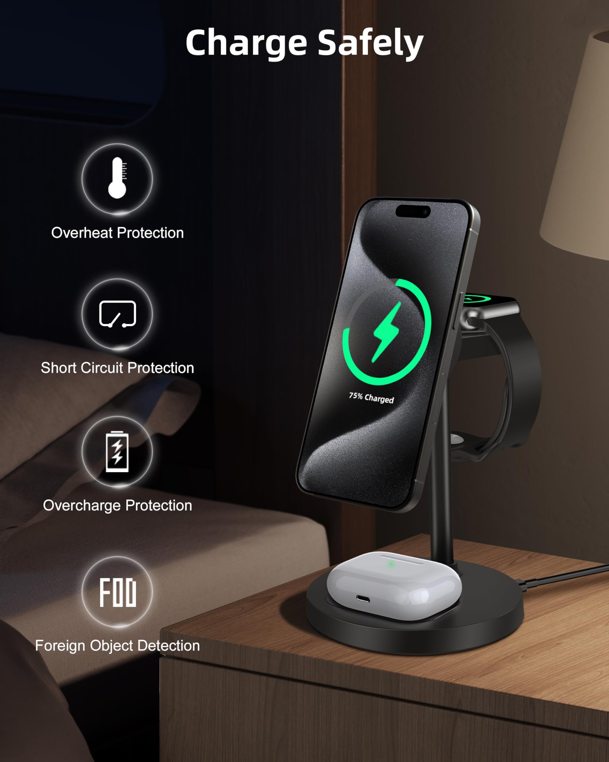 3-in-1 Magnetic Wireless Charger Stand for iPhone 16/15/14/13/12 Series | Fast Charging Station for Apple Watch & AirPods | Aluminum Alloy Base with Leather Pad (Black) - Perfect for Home, Office & Nightstand Charging