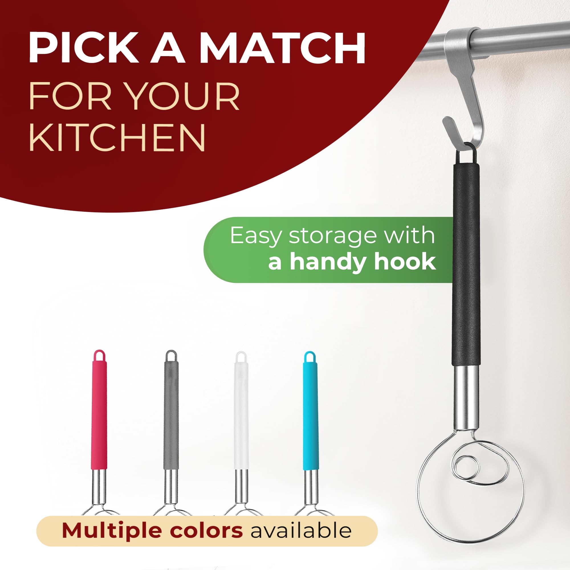 ORBLUE Danish Dough Whisk with Silicone Handle - Stainless Steel Mixing Tool for Baking Bread, Pastry & Cookies - Perfect for Kitchen, Home Baking & Professional Use (Rouge Red)