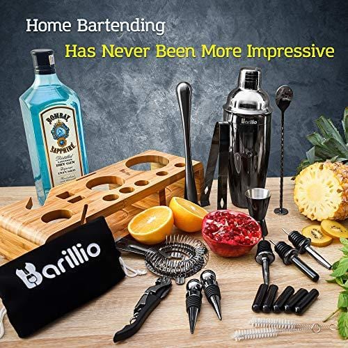 BARILLIO 23-Piece Stainless Steel Bartender Kit with Cocktail Shaker, Bamboo Stand & Recipe Book - Professional Bar Tools Set for Home Mixology, Parties & Gifts | Includes Velvet Carry Bag for Easy Storage & Transport