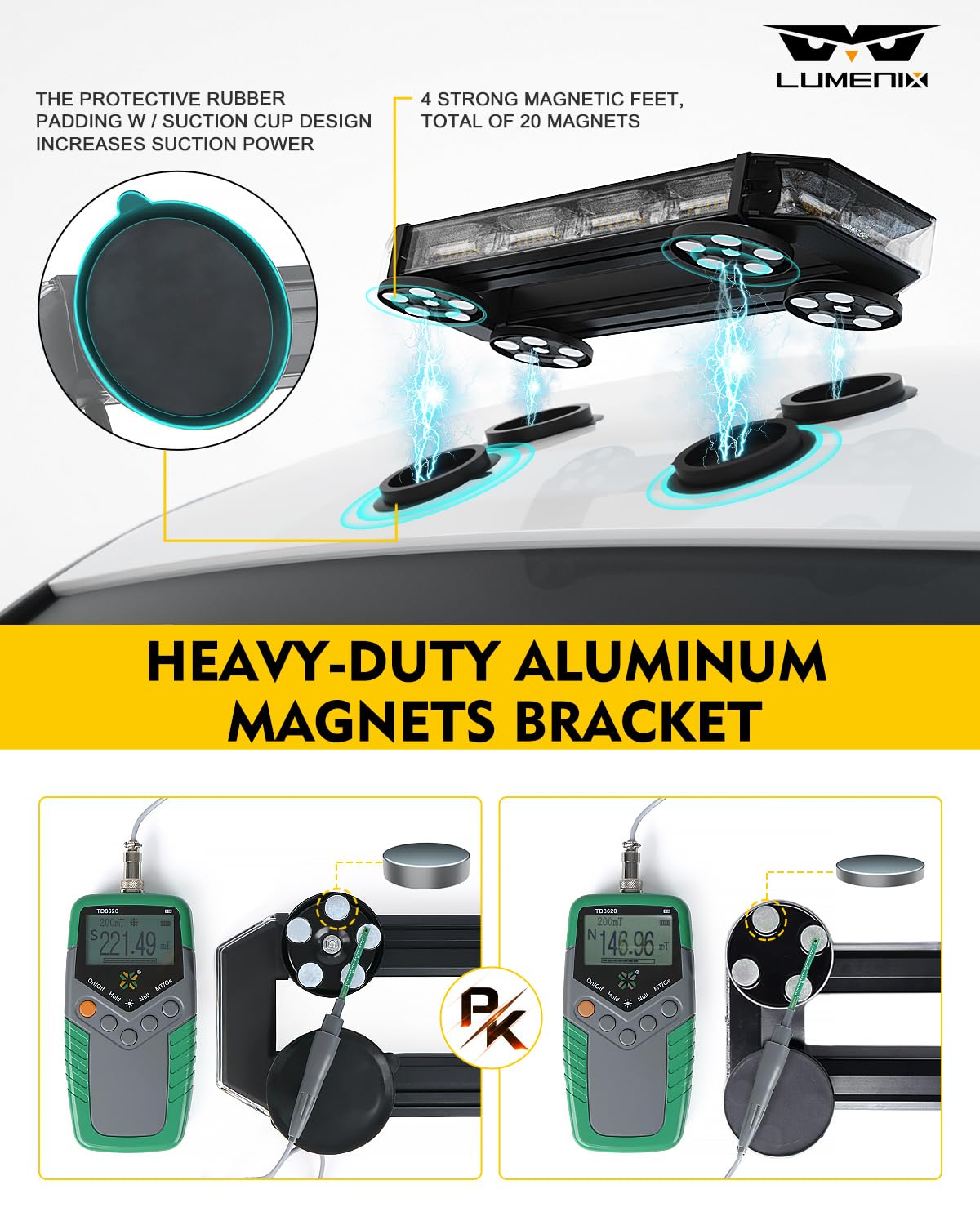 LUMENIX White & Amber LED Emergency Strobe Light Bar with Magnetic Base - Heavy Duty Warning Flashing Beacon for Trucks, Construction Vehicles, Snow Plows, Postal Carriers | Rooftop Traffic Safety & Security Lighting for Work Zones, Roadside Emergencies