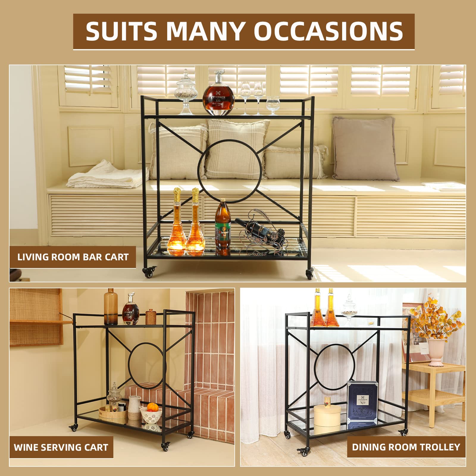Palama Black Bar Cart for Home - Easy Assembly with Only 4 Screws, 2-Tier Rolling Snack Cart with 2 Mirrored Shelves & Lockable Wheels - Perfect for Living Room, Kitchen, or Outdoor Entertaining